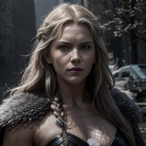 ultra-detailed, (photorealistic: 1.37), Caucasian woman, triangular face, Viking, warrior, center of image, Cinematic: black and white image, strong character, fierce expression, muscular physique, long flowing hair, thick braids, fur cape, armor worn in battle, silver Norse helmet, intricate engravings, broadsword, shield, conquering the enemy, intense battle scene, smoke and dust, moonlit night, dramatic shadows, epic atmosphere, heroic pose.