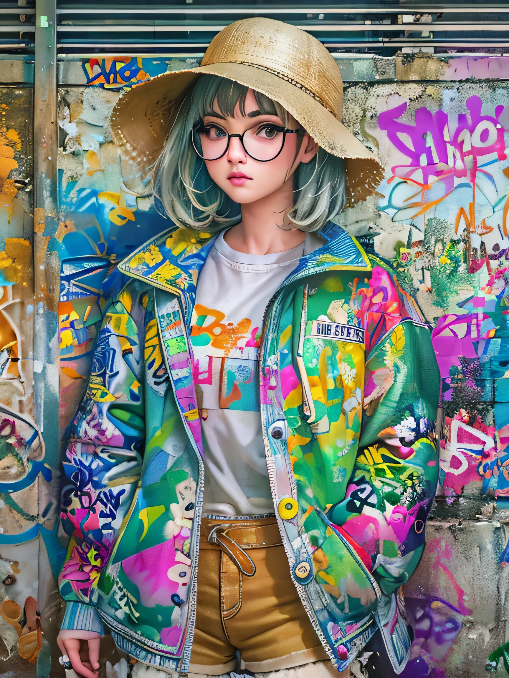 8K quality, watercolor painting, stylish design, (((The strongest beautiful girl of all time))), (((Japanese)))、Idol、clear, stylish glasses, Fashionable hats, (((highest quality))), bob hair, put your hand on the wall, HDR, ((Detailed details)), stylish fashion, detailed clothing texture, (((graffiti art))), colorful hair, ((masterpiece))、((Super detailed))