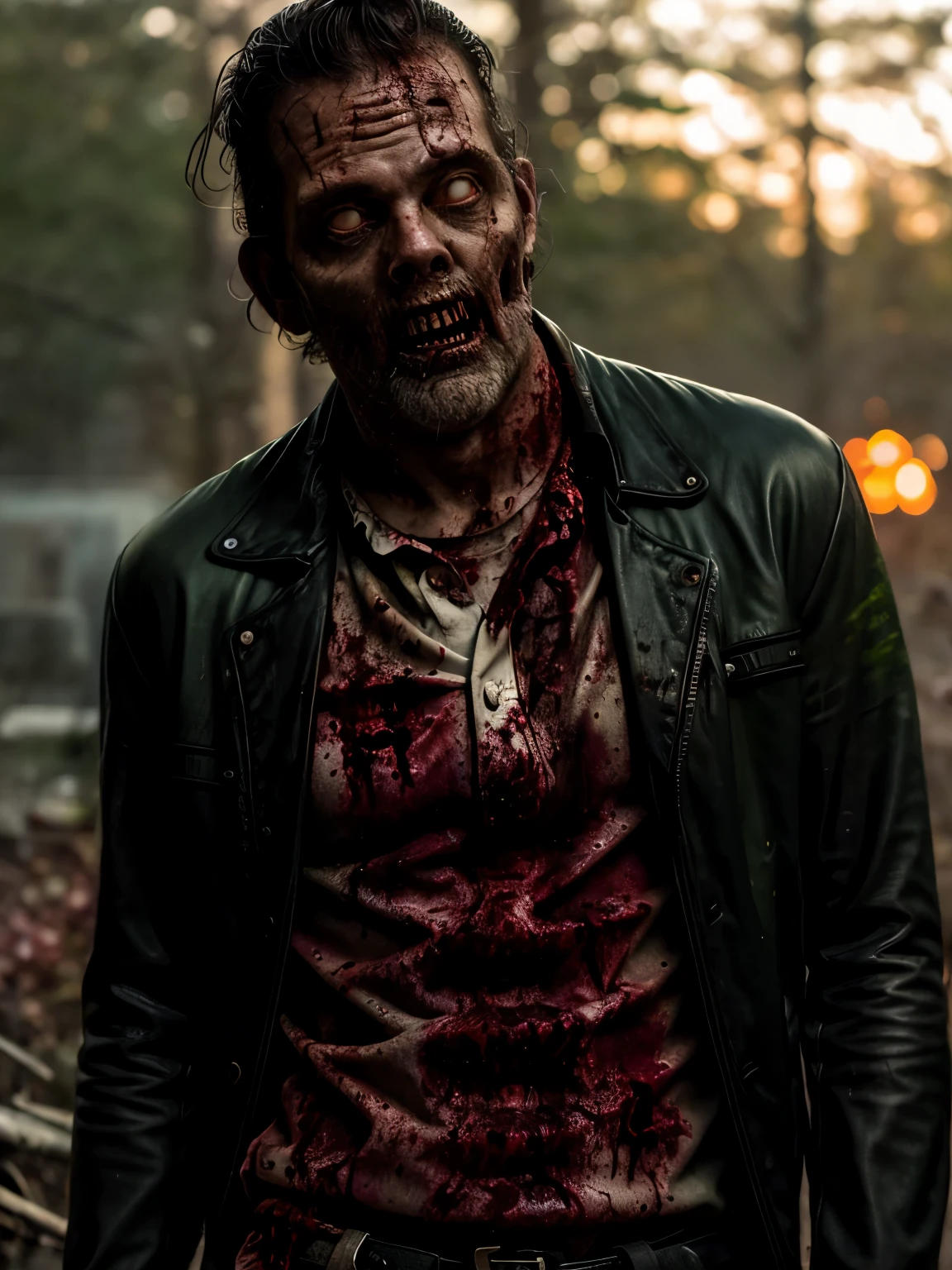 (masterpiece, best quality:1.2), ((RAW photo, Best quality)), (Realistic, photo-realistic:1.2) (((a zombie hotting))) , zombie Negan from the Walking Dead, black jacket, horror, creepy, night, (((White eyes))), angry. ((Pale or greenish skin)), (((hottinig))) Body, wounds, empty eyes, torn clothes, slow movements, guttural noises, aggressive and cannibalistic behavior. Cinematic lighting.