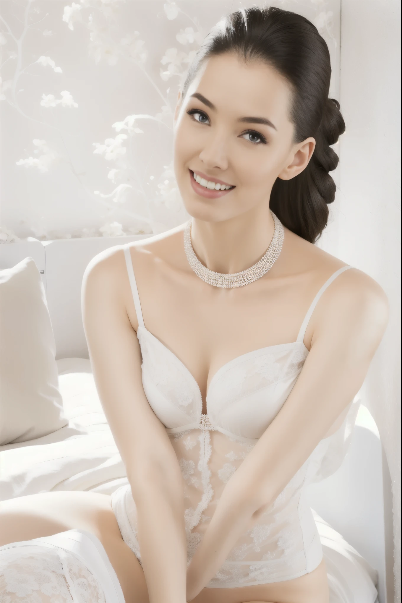 fashion model 20 years old [[[[close up]]]], [[[[neck]]]], [[[[Shoulder]]]], perfect eyes, perfect iris，perfect lips，perfect teeth，Perfect skin，White skin，Soft headlight，High Density Imaging Review，long hair，（Face is clear and delicate），((white lace underwear))，((Sexy))，(((charming smile)))，((The background is the bedroom))，((Deluxe king bed))，best quality，masterpiece，（pastel colors：1.2）