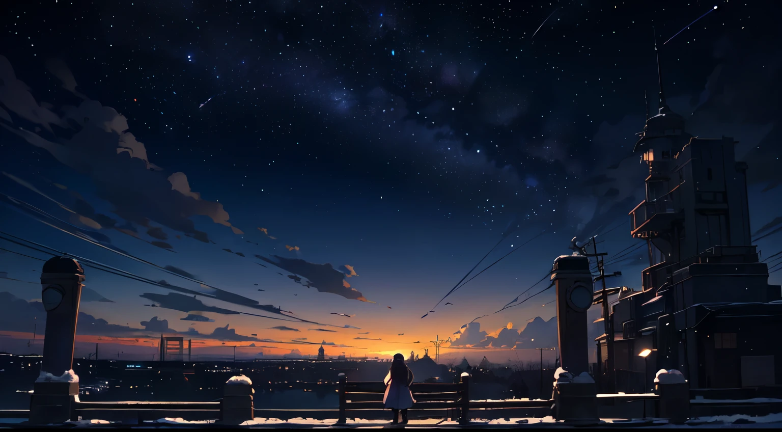 A masterpiece of high quality, landscape, bright starry sky、romantic train, pixiv, concept art, Lofiato style, reflection. by Makoto Shinkai, Lofiato, beautiful anime scene, Anime landscape, 詳細なlandscape - 幅 672, (((in Makoto Shinkai's style))), Enhanced details、Anime wallpaper of a girl looking at the sky and starry view