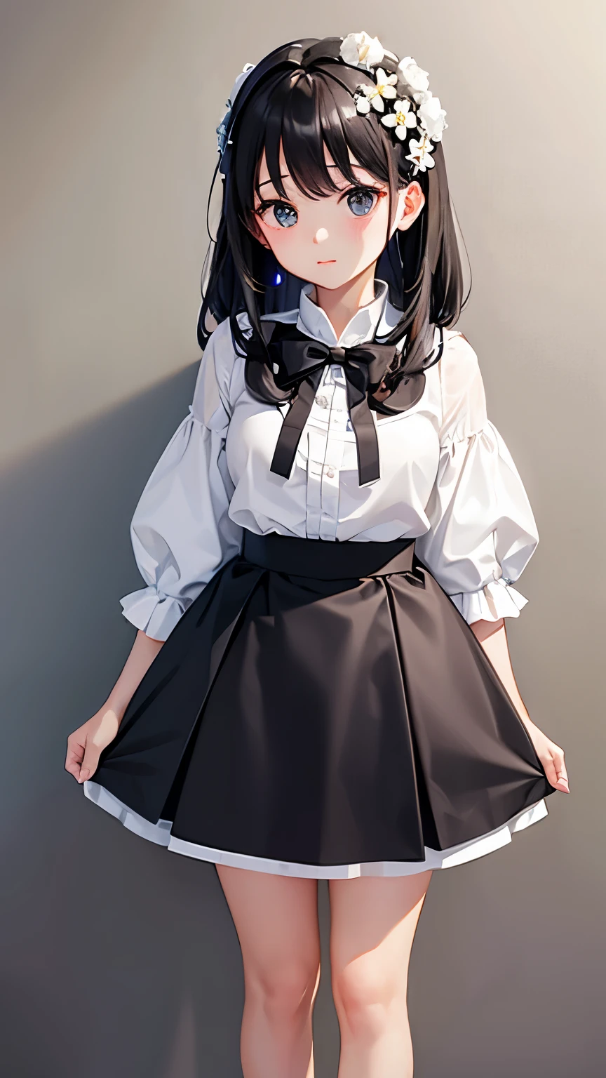 ,cute,wearing a skirt,Royal sister。black(focus),standing。Tall。Wear cloth shoes。Elegant,white flower,focused lens