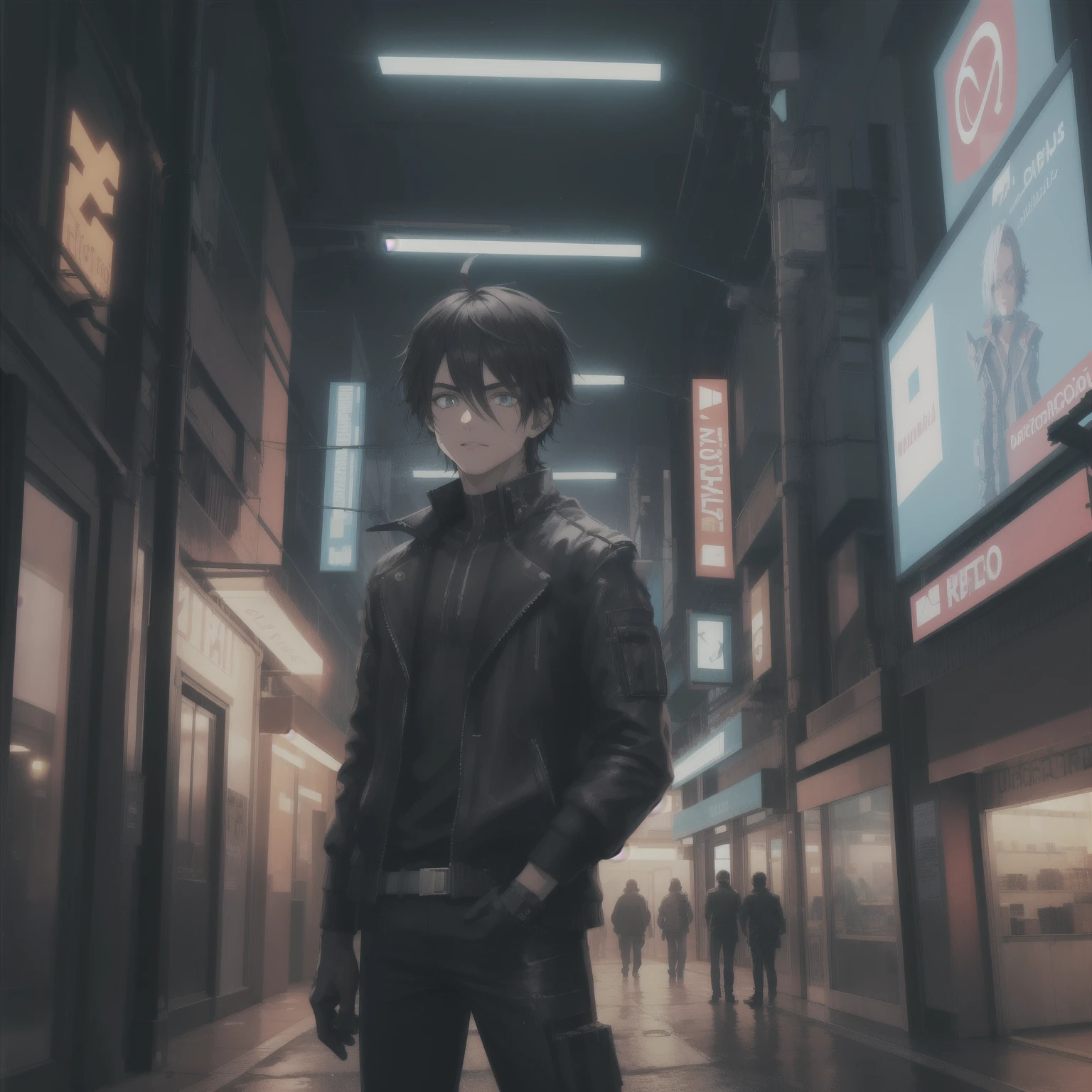 Cyberpunk, cidade, 1 , cabelo preto, olhos roxos, Ciborgue