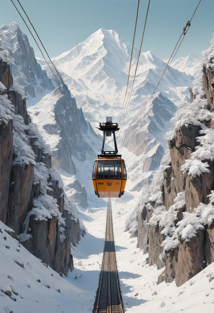 Symmetry, symmetrical, snow mountain, Cableway cable car, by Wes Anderson, best quality, masterpiece, high details, Ultra intricate detailed