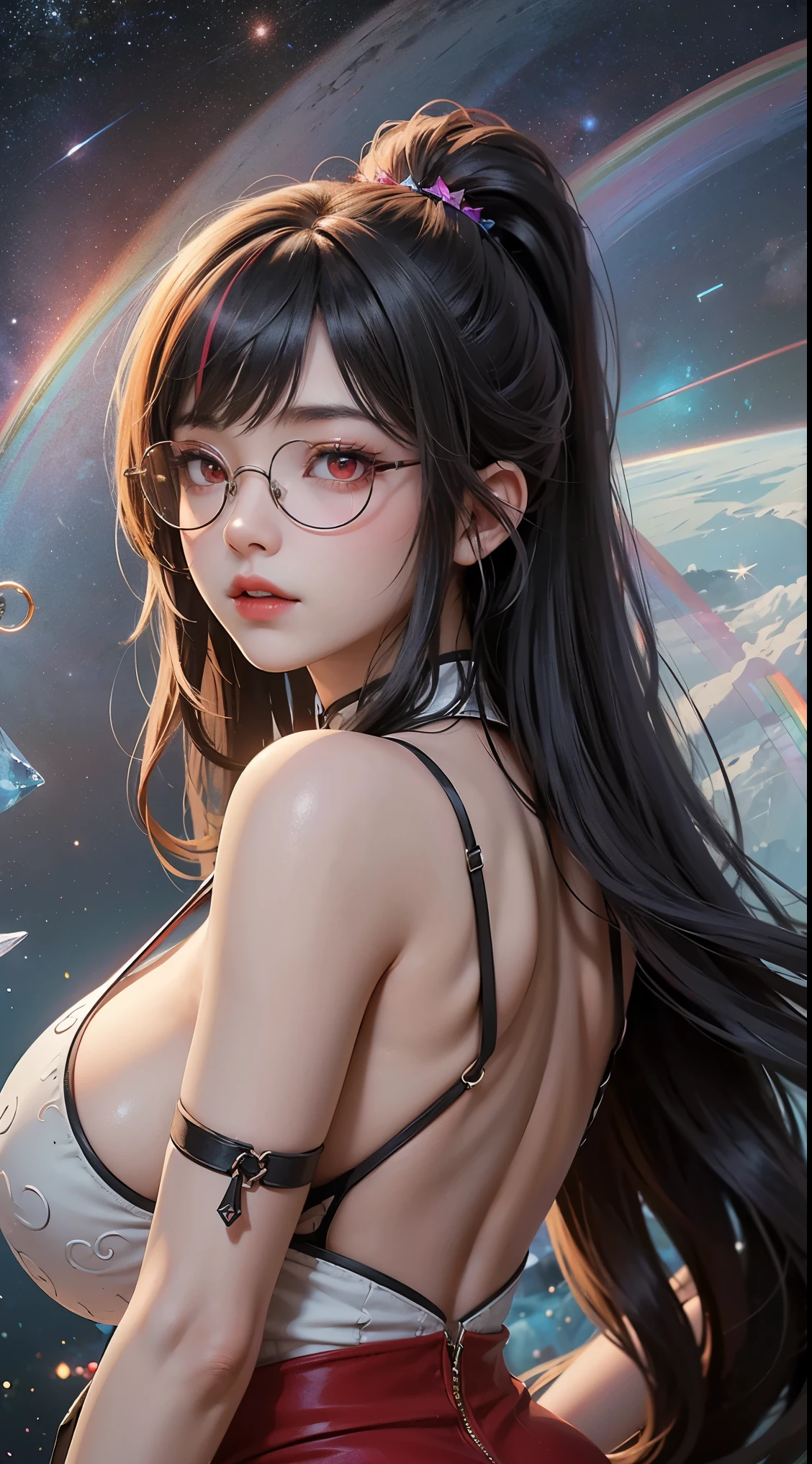 1名 27歳 woman, Understood、(best illustrations)、8k UHD resolution、intricate details、最high quality、realistic、Super detailed、best lighting、best shadow、soft lighting、ultra hd、dungeon and Dragon、cave、dungeon、 necromancer、night、dark style、Succubus、devil&#39;Daughter of、bat wings，(((デーモンホーンラック縁round glasses))))、(((big breasts)))、(devil&#39;tail)、(red eyes shine:1.6)、masterpiece、beautiful features、Tyndall effect、realisticphotograph、(high detail skin:1.2)、8KUHD、Digital single-lens reflex camera、high quality、photograph、High resolution、 absurd、Ponytail distortion、Optimal ratio of 4 fingers and 1 thumb、1 girl、hair ornaments、真っ赤に輝くgemのネックレス、gem、beautiful expression、body up、big breasts emphasis、tight waist、wide ass、Tyndall effect、Photoreal、(high detail skin:1.2)、dark and mysterious version, lipstick red lips, thin and beautiful lips, Don&#39;Don&#39;don&#39;t laugh, please keep your mouth shut, Characters created by Karol Baku and Pino Denis, intricate details, detailed background, very detailed, magic of light, woman, cute face, ((((giant glasses, otaku glasses, thick glasses, round glasses))))、 looking at the Upper body of the goddess , round chest, big and round chest, phoenix hair brooch, long hair with bangs, (Long hair has seven colors like a rainbow:1.9), Beautifully detailed face and well-proportioned eyes, (crystal clear red eyes: 1.8), Big round eyes and very beautiful and detailed makeup, Visionary, long silk nightgowns, mysterious makeup, ブresponseレット, I dyed the side bangs light yellow..., Upper body, (goddess Upper body: 1.8), hanging arms, リアルで鮮やかなphotograph, (stars that make up : 1.7), ( Space-time portal of sky and imagination: 1.8), fiction art, RAWphotograph,黒い着物のphotograph, 最高のphotograph , expensive_response, 最high quality, 最高のphotograph, 8K quality, 8K Ultra , surrealism, 最も経済的な本物のphotograph, Artistic portrait of 12 signs, Symbol of one of the 12 signs on the reverse side, 12 A Portrait of a Goddess, 最もrealistic配色, 最高のphotograph color, masterpiece, hair ornaments, ネックresponse, jewelry, beautiful face, Upper body, Tyndall effect, photographのようにリアルな, Dark studio, border light, two tone light, (fine skin) expensive: 1.2), 8k UHD, Digital single-lens reflex camera, soft light, expensive quality, volume light, Frank, photograph, expensive responseolution, 4K quality, 8k, Bokeh, smooth and sharp, 10x more pixels, Charming goddess, sexy goddess, (background space: 1.8), (milky way: 1.7), aurora, lightning, (auroraの背景: 1.8) <roller:crazy_perfect eyes_v1_from_v1_, beautiful goddess and flowers,