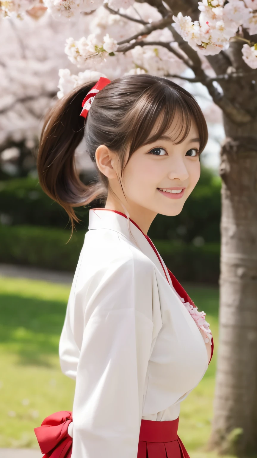 highest quality、disorganized、((Portrait of the cutest girl in the world))、Japanese、 girl、shrine、A slightly windy day with cherry blossoms in full bloom and petals dancing、shrine maiden服、plain white kimono、red skirt、shrine maiden、kimono、nice and cute、innocent smile、nice smile、big breasts、(はちきれそうなbig breasts:1.3)、(high ponytail:1.4)、tie your hair with a thin red ribbon、brown hair、thin waist、detailed beautiful eyeedium hair、face forward、