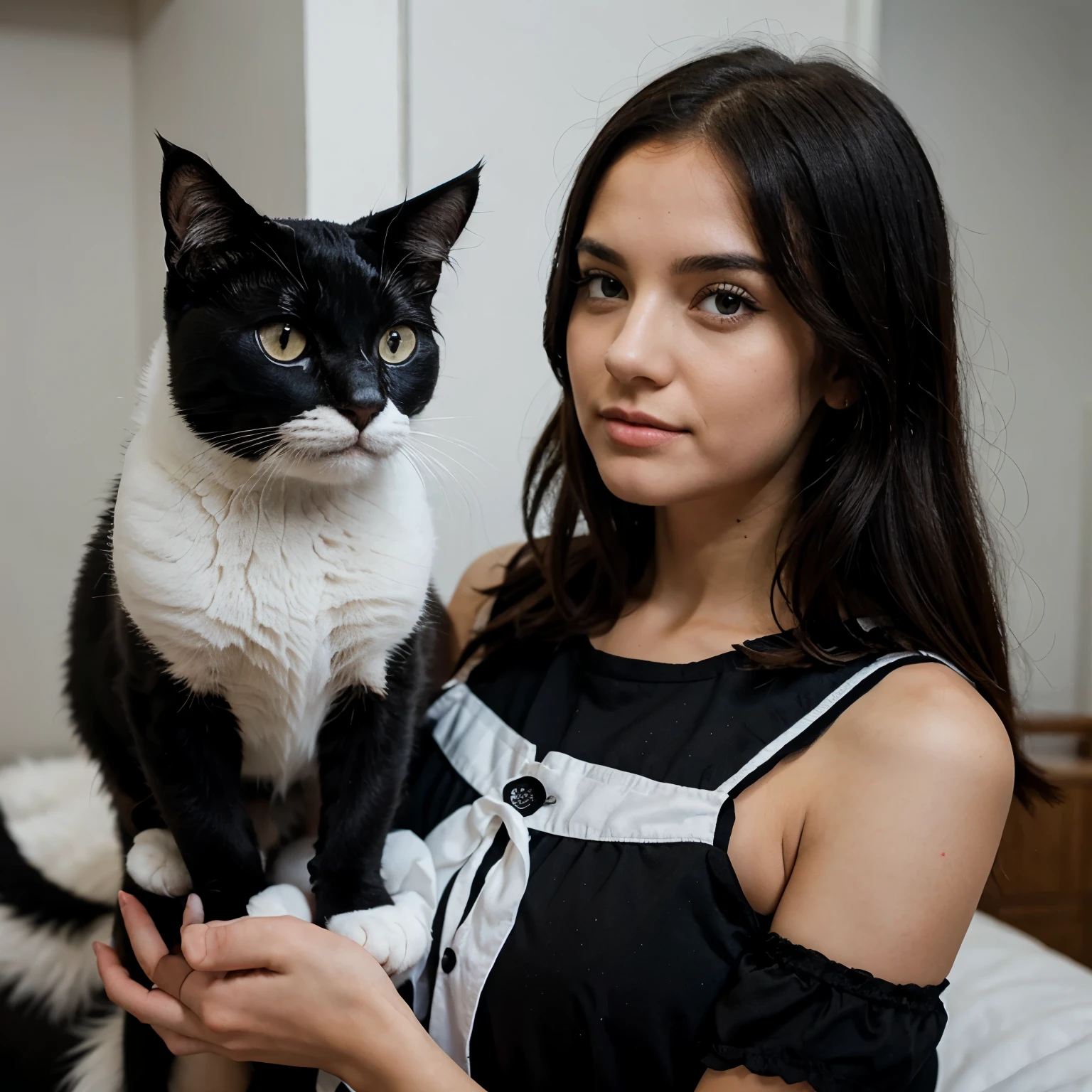 Girl and black white cat