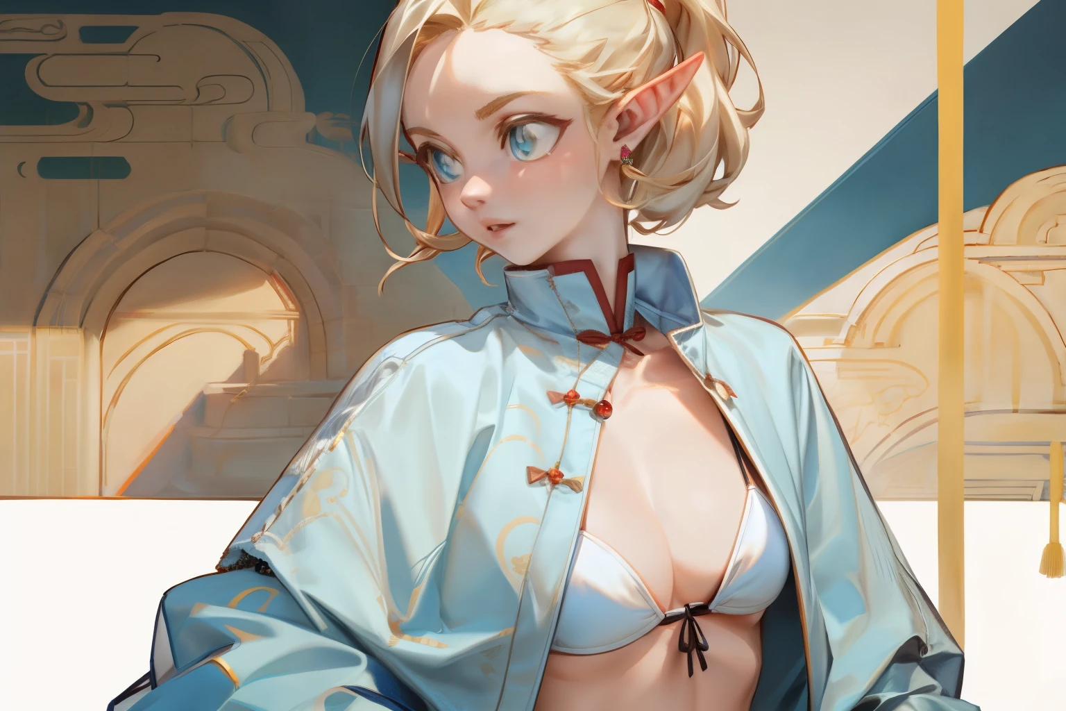 (masterpiece, best quality) detailed,silver accessories , blonde ,elegant, pointed ears ，Chinese element pattern，White shirt，bikini，pleated skirt