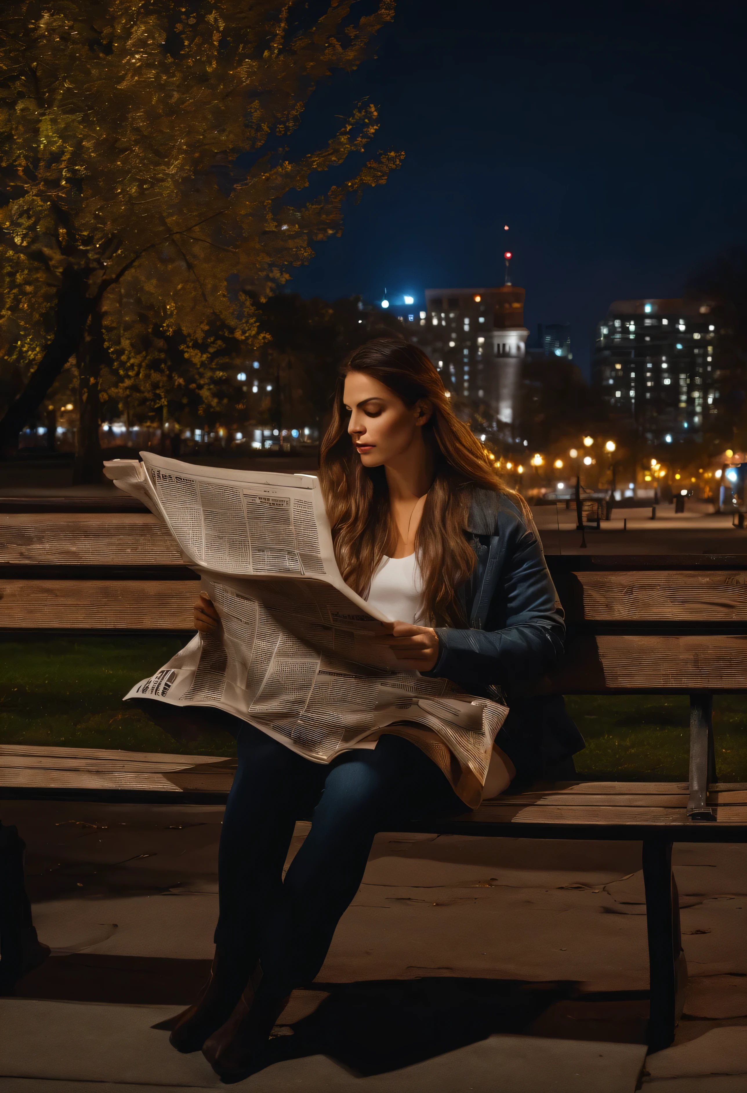 close up of woman sitting on park bench, reading a large newspaper, night time, street light, buildings in background