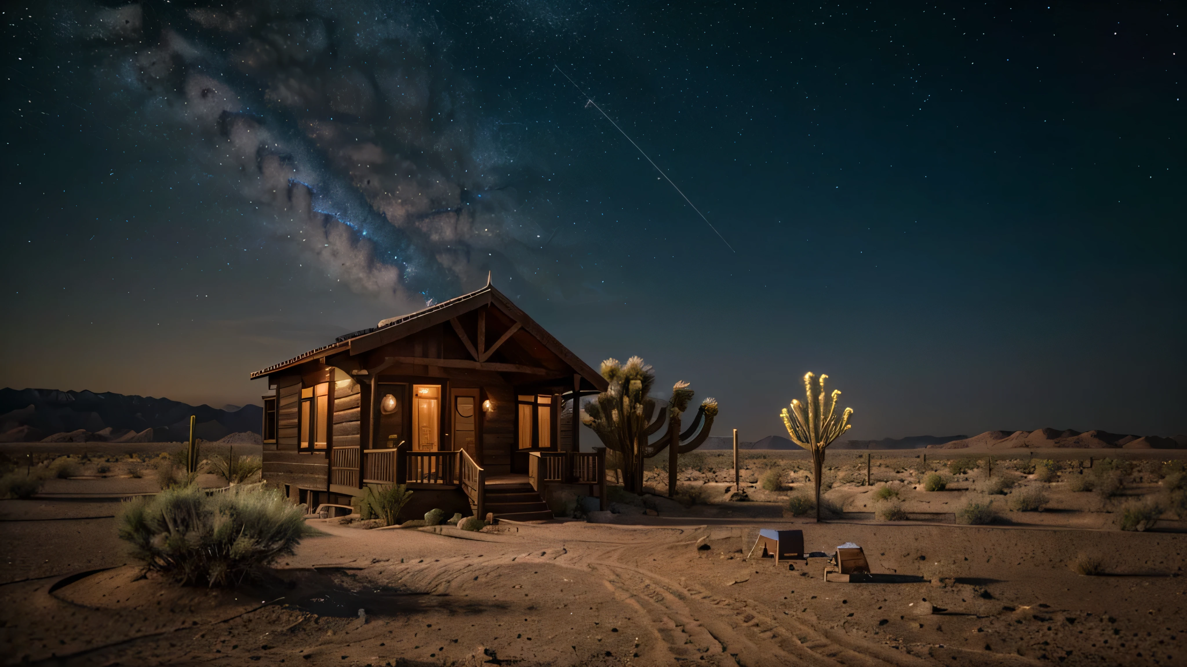 create for me a realistic night photo where there will be a wooden house in the desert nearby there will be a dry tree and the galaxy will be visible in the sky
