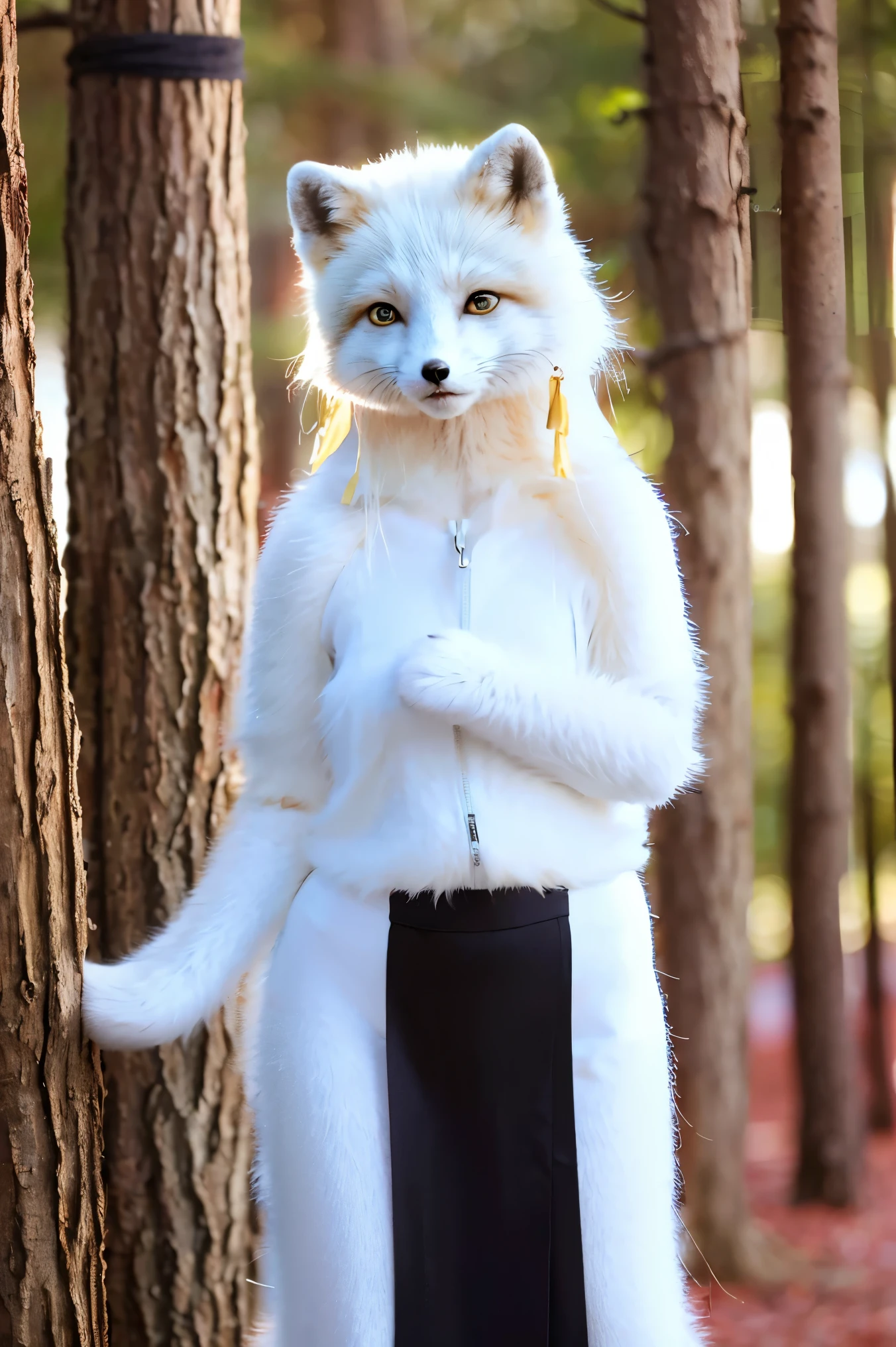 (((Solo exhibition)), white and gold clothes, many decorative garments, (whole body) Take detailed photos of the most beautiful artworks, intricate details, high detail, Ultra actual, hidden armor, petite, 写实的Anthropomorphic art, (Anthropomorphic art!!!, (((Female human arctic fox priest)), forest, Very, Very beautiful human art, actual, 8k, No one's hair, No duplication, There are no duplicate tails, no clone, No big heads