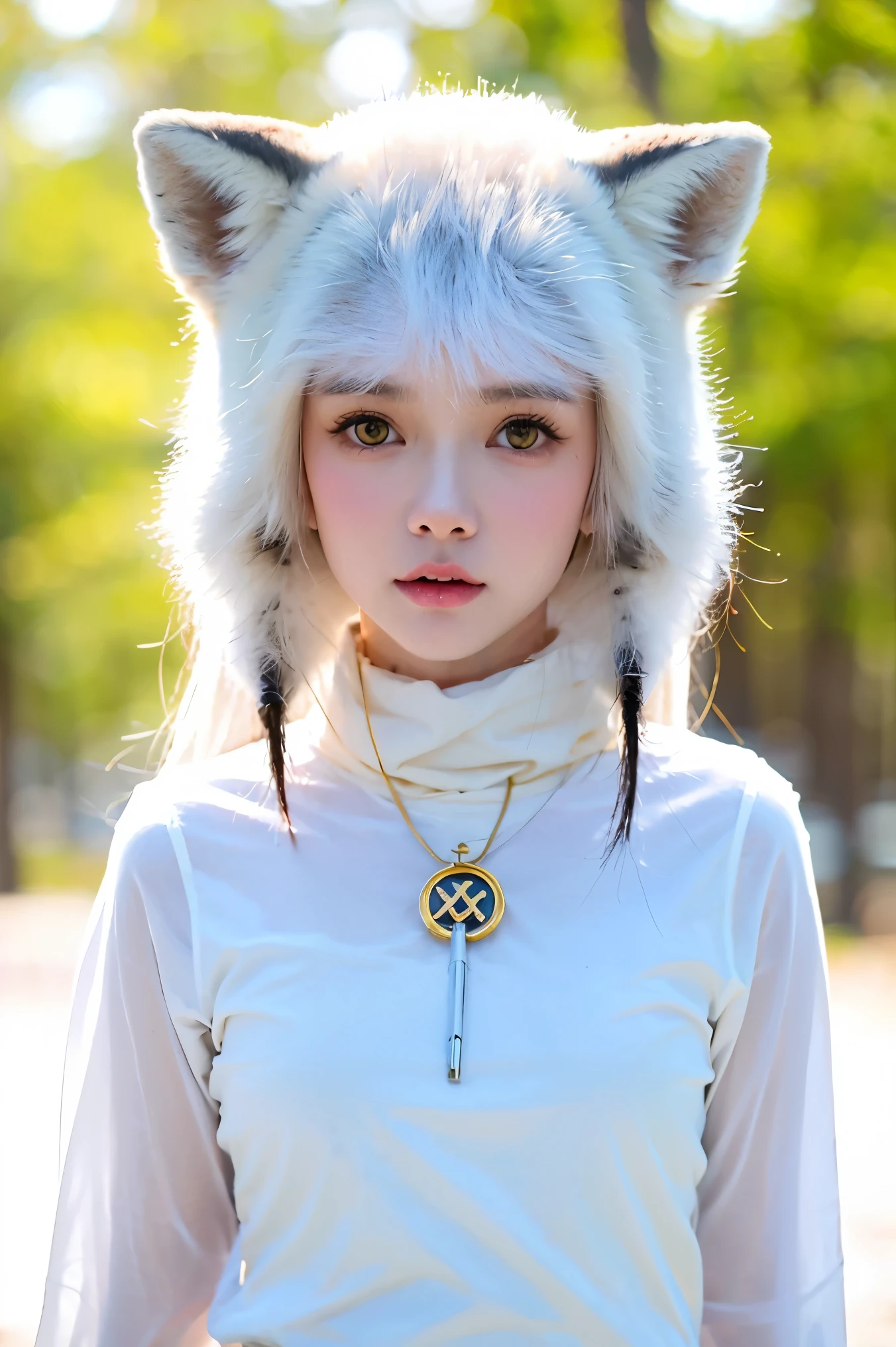 (((Solo exhibition)), white and gold clothes, many decorative garments, (whole body) Take detailed photos of the most beautiful artworks, intricate details, high detail, Ultra actual, hidden armor, petite, 写实的Anthropomorphic art, (Anthropomorphic art!!!, (((Female human arctic fox priest)), forest, Very, Very beautiful human art, actual, 8k, No one's hair, No duplication, There are no duplicate tails, no clone, No big heads