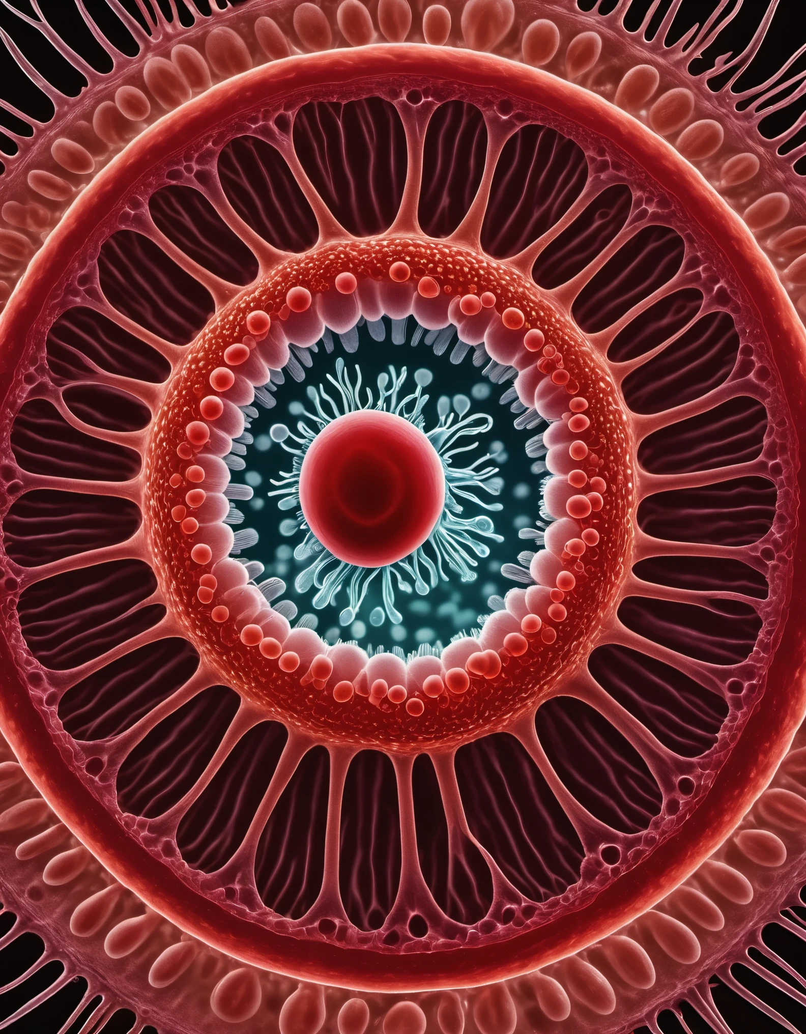 in style of Ernst Haeckel，Macro，（Close-up of a glowing symmetrical active red blood cell under a microscope），Red blood cells appear uniform in size and shape，Color should be light red