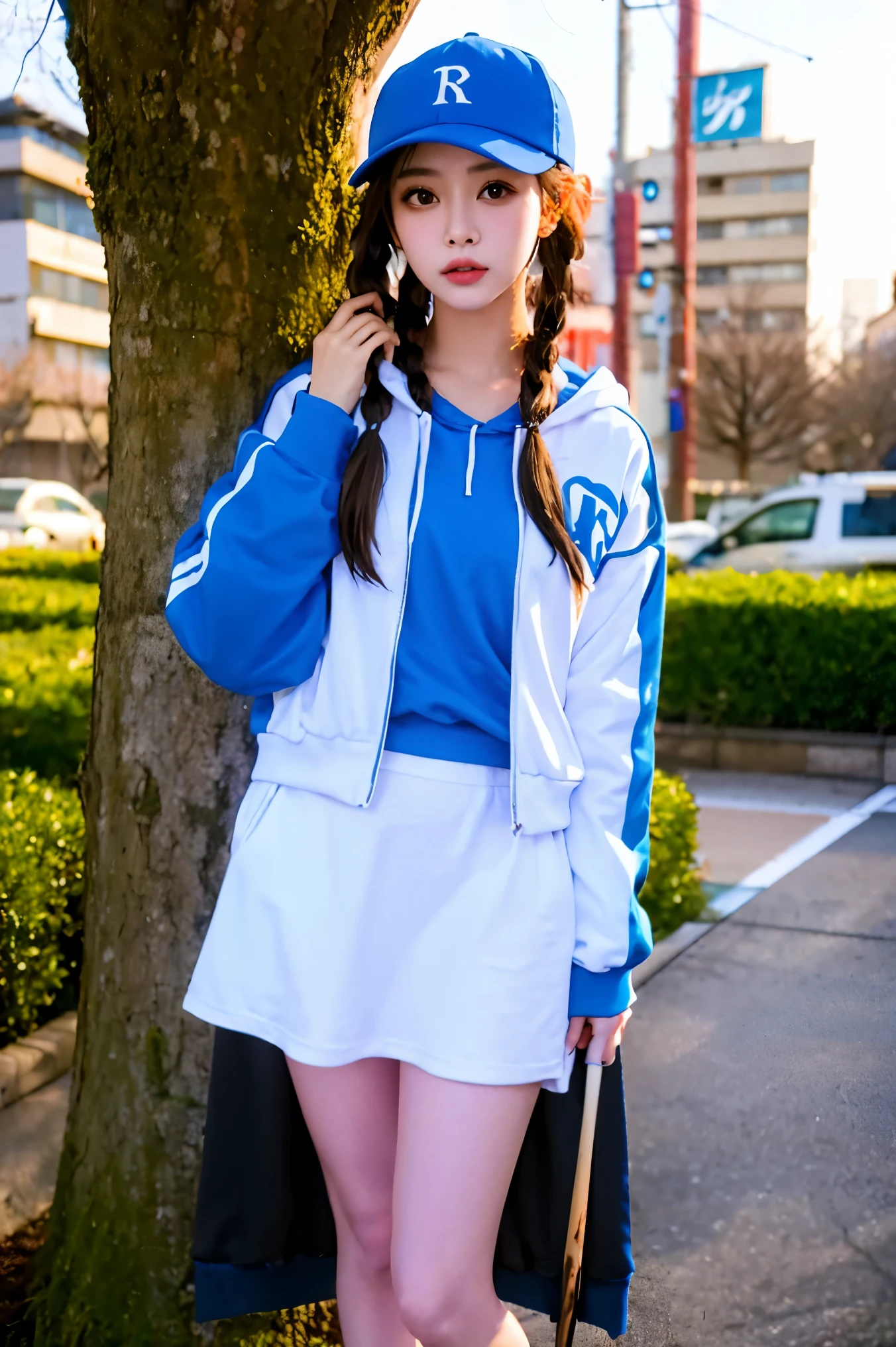 1 girl, picha, teenager, (animal ears), direct, whole body, looking at the audience, hair between eyes, hair accessories, colorful hair, double braids, fox tail, (Tao:1.3), badge, Bangs, (blue baseball cap:1.2), clothes writing, White clothes, hood, hood down, Permanently installed, long sleeves, Keep your mouth shut, (blue skirt:1.05), alone, (light blush:0.9), bare tree, building, City, Cityscape, sky, Outdoor activities, street, Tokyo (City), tree