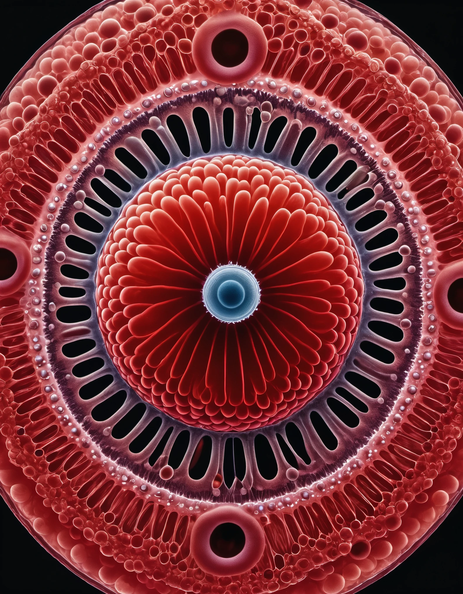 in style of Ernst Haeckel,Macro,(Close-up of a glowing symmetrical active red blood cell under a microscope),Red blood cells appear uniform in size and shape,Color should be light red