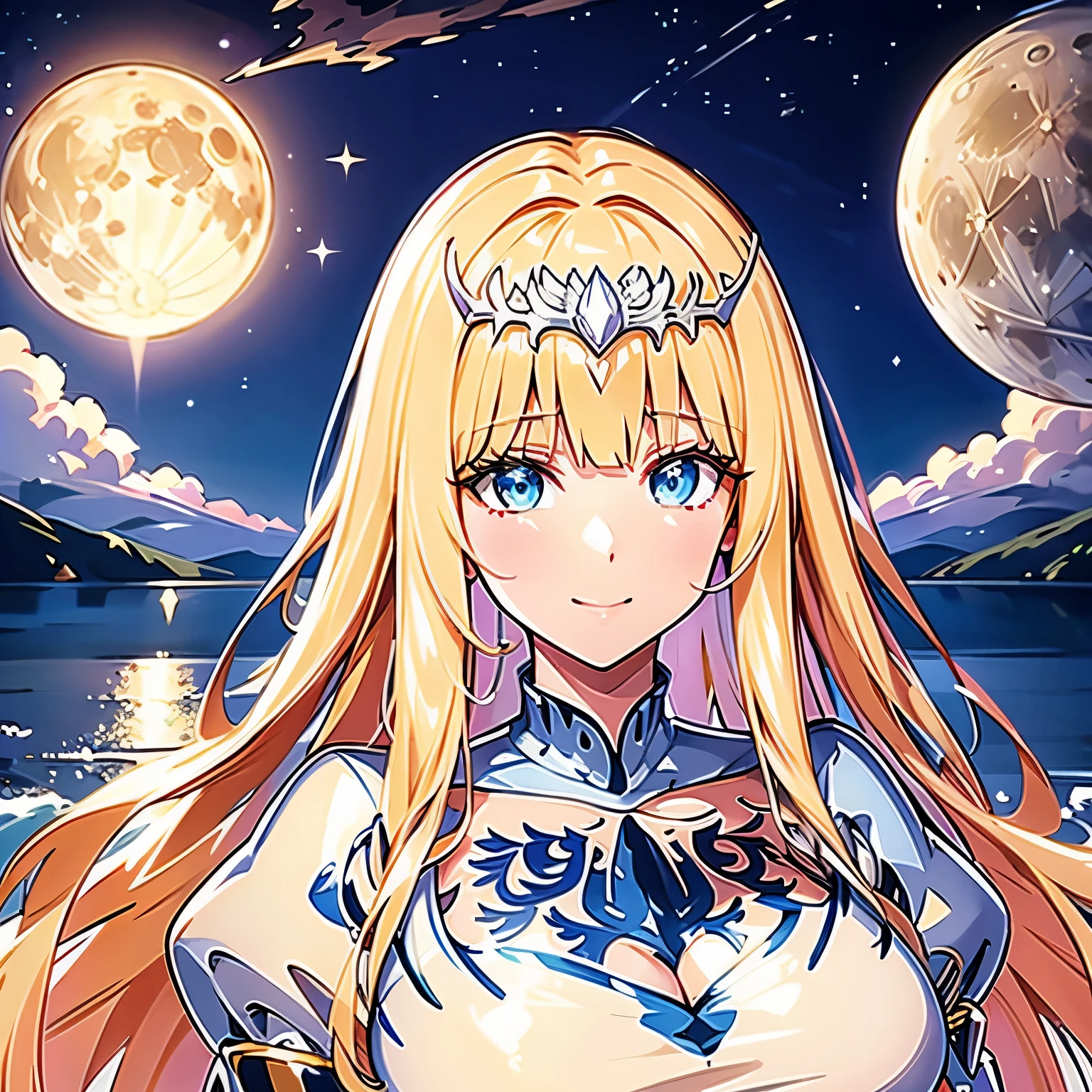sparkling eyes,,feather hair ornament,Fantastic, highly detailed very beautiful big smile face, beautifully detailed hair, solo,superfine illustration,night sky,full moon,1girl, solo, Calca, Calca Bessarez, blonde hair, extremely long hair, very long hair, white tiara, white dress, blue eyes, medium chest