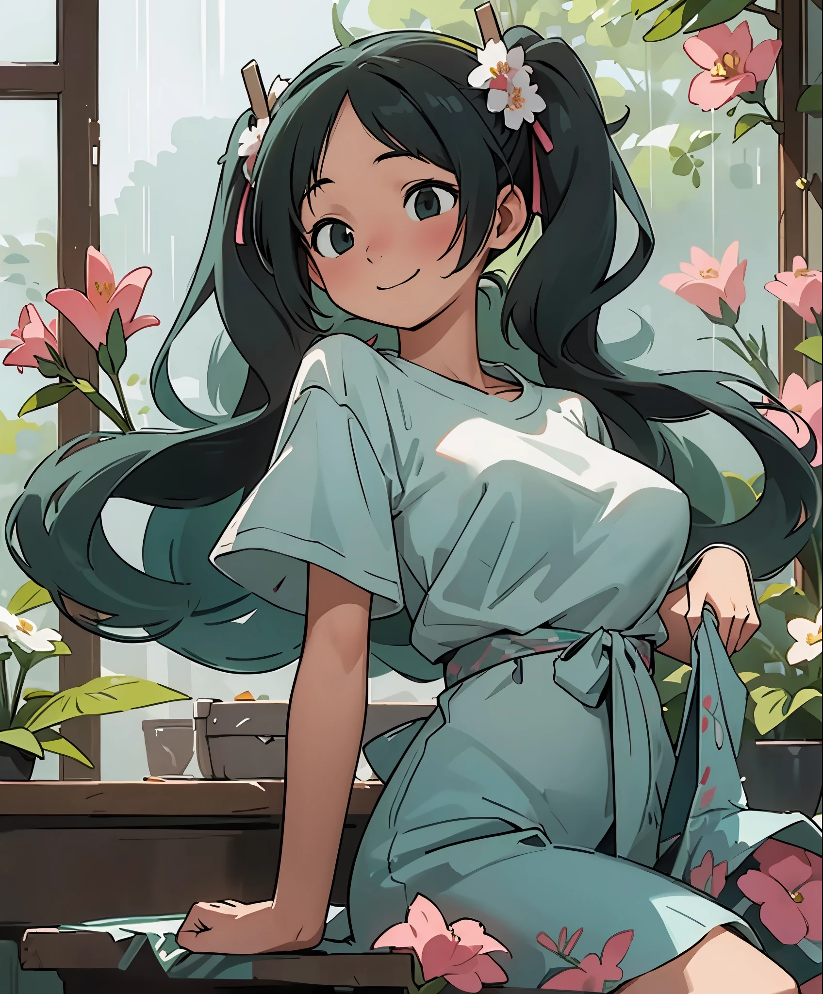 (masterpiece、highest quality、highest quality、official art、beautiful beautiful:1.2)、(1 girl:1.3)Hatsune Miku、twin tails,big breasts,highest quality、超A high resolution、full body esbian、Are you okay,outside the glass bottle, in the heavy rain,girl working at a flower shop、various potted plants、lots of flowers,Wear a loose-fitting T-shirt that resembles your boyfriend's,long hair,a bouquet is being made、Florist Background, Her happy smile is cute