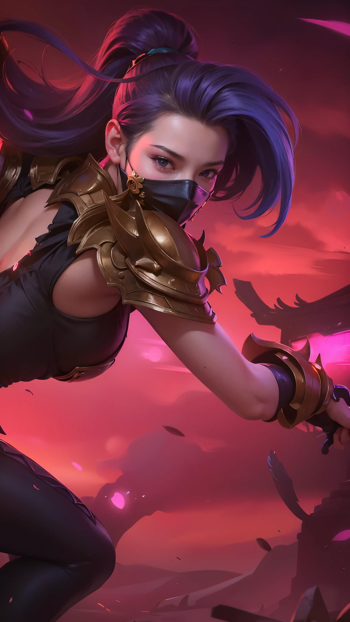(female:1.2), 8k, ultra hd, ultra detailed texture, hyper realistic, masterpiece, detailed texture, detailed face, detailed skin, detailed lighting, (photorealistic:1.5), best quality, beautiful lighting, cinematic lighting, professional lighting, ultra highres, realistic, detailed hair, real hair, high quality, (realskin:1.5), extremely detailed, finely detail, ultra-detailed, 1girl, solo, elf, pointy ears, standing, demon horns, forehead protector, blue eyes, v-shapped eyebrow, make up, pretty, beautiful, long hair, blue hair, high ponytail, large breasts, cleavage, armpit, navel, stomach, black armor, pauldrons, bare shoulders, shoulder armor, thigh high, sleevless, detached sleeves, breastplate, gauntlets, hanabi \(mobile legends\), depth of field, white skin, skin tight, amazing pose, outdoors, glowing, dark view, looking at viewer (wearing a mask:1.2)