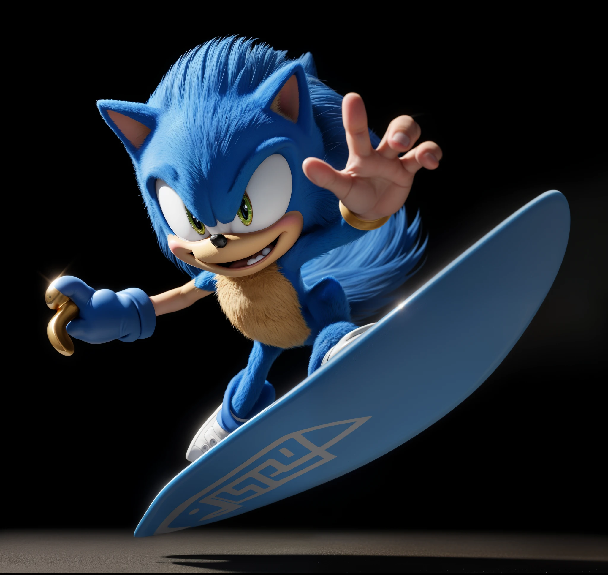 sonic the hedgehog is riding a surfboard on a black background, in the new action-movie sonic, from sonic, movie sonic, sonic the hedgehog, glossy blue fur, reflective, light, beautiful light, best quality, 4k, masterpiece:1.2, ultra-detailed, realistic, vivid colors, The image of the highest quality, ensuring every detail showcased perfectly. It in 4k resolution, allowing viewers to immerse themselves in the richness of the colors and intricate details. The realistic rendering. sunlight, reflecting, high-resolution image, sharp post effects render, (glossy plastic texture with multiple big light probe refractions), perfect cgi, smooth silhouette, high intensity refraction, (super glossy plastic material), most beautiful vfx, , realistic, 4k,