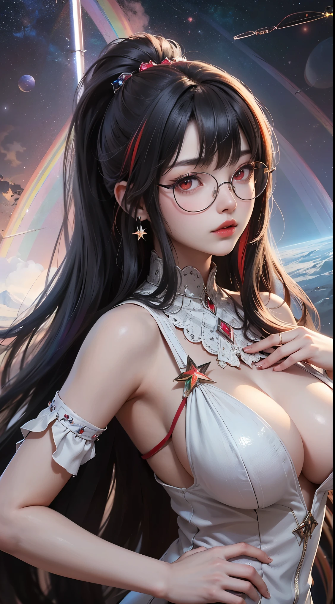 1名 27歳 woman, Understood、(best illustrations)、8k UHD resolution、intricate details、最high quality、realistic、Super detailed、best lighting、best shadow、soft lighting、ultra hd、dungeon and Dragon、cave、dungeon、 necromancer、night、dark style、Succubus、devil'Daughter of、bat wings,(((デーモンホーンラック縁round glasses))))、(((big breasts)))、(devil'tail)、(red eyes shine:1.6)、masterpiece、beautiful features、Tyndall effect、realisticphotograph、(high detail skin:1.2)、8KUHD、Digital single-lens reflex camera、high quality、photograph、High resolution、 absurd、Ponytail distortion、Optimal ratio of 4 fingers and 1 thumb、1 girl、hair ornaments、真っ赤に輝くgemのネックレス、gem、beautiful expression、body up、big breasts emphasis、tight waist、wide ass、Tyndall effect、Photoreal、(high detail skin:1.2)、dark and mysterious version, lipstick red lips, thin and beautiful lips, Don'Don'don't laugh, please keep your mouth shut, Characters created by Karol Baku and Pino Denis, intricate details, detailed background, very detailed, magic of light, woman, cute face, ((((giant glasses, otaku glasses, thick glasses, round glasses))))、 looking at the Upper body of the goddess , round chest, big and round chest, phoenix hair brooch, long hair with bangs, (Long hair has seven colors like a rainbow:1.9), Beautifully detailed face and well-proportioned eyes, (crystal clear red eyes: 1.8), Big round eyes and very beautiful and detailed makeup, Visionary, long silk nightgowns, mysterious makeup, ブresponseレット, I dyed the side bangs light yellow..., Upper body, (goddess Upper body: 1.8), hanging arms, リアルで鮮やかなphotograph, (stars that make up : 1.7), ( Space-time portal of sky and imagination: 1.8), fiction art, RAWphotograph,黒い着物のphotograph, 最高のphotograph , expensive_response, 最high quality, 最高のphotograph, 8K quality, 8K Ultra , surrealism, 最も経済的な本物のphotograph, Artistic portrait of 12 signs, Symbol of one of the 12 signs on the reverse side, 12 A Portrait of a Goddess, 最もrealistic配色, 最高のphotograph color, masterpiece, hair ornaments, ネックresponse, jewelry, beautiful face, Upper body, Tyndall effect, photographのようにリアルな, Dark studio, border light, two tone light, (fine skin) expensive: 1.2), 8k UHD, Digital single-lens reflex camera, soft light, expensive quality, volume light, Frank, photograph, expensive responseolution, 4K quality, 8k, Bokeh, smooth and sharp, 10x more pixels, Charming goddess, sexy goddess, (background space: 1.8), (milky way: 1.7), aurora, lightning, (auroraの背景: 1.8) <roller:crazy_perfect eyes_v1_from_v1_, beautiful goddess and flowers,