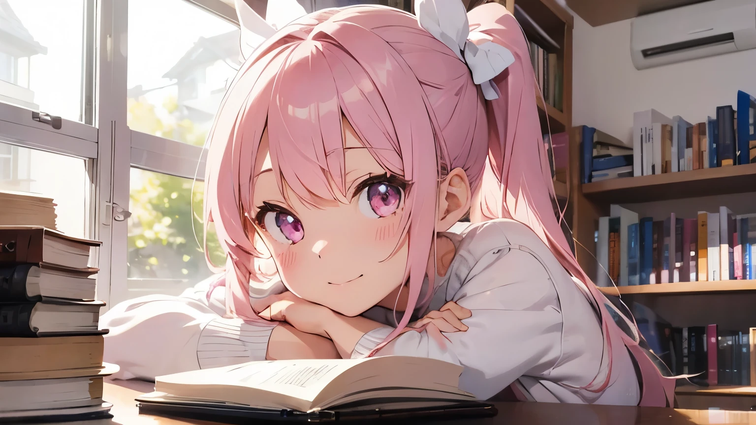 beautiful illustrations, highest quality, pretty girl, pastel colour, fluffy rabbit ears, pink long hair,light pink eyes,short ponytail、Ahoge、hair ribbon、Half-read book、pile of books、bookshelf、smile、close your mouth、white knit sweater、bedroom background、On the windowsill of a residential area at night、focus on the face、expressive、bright face、Light illuminates the face