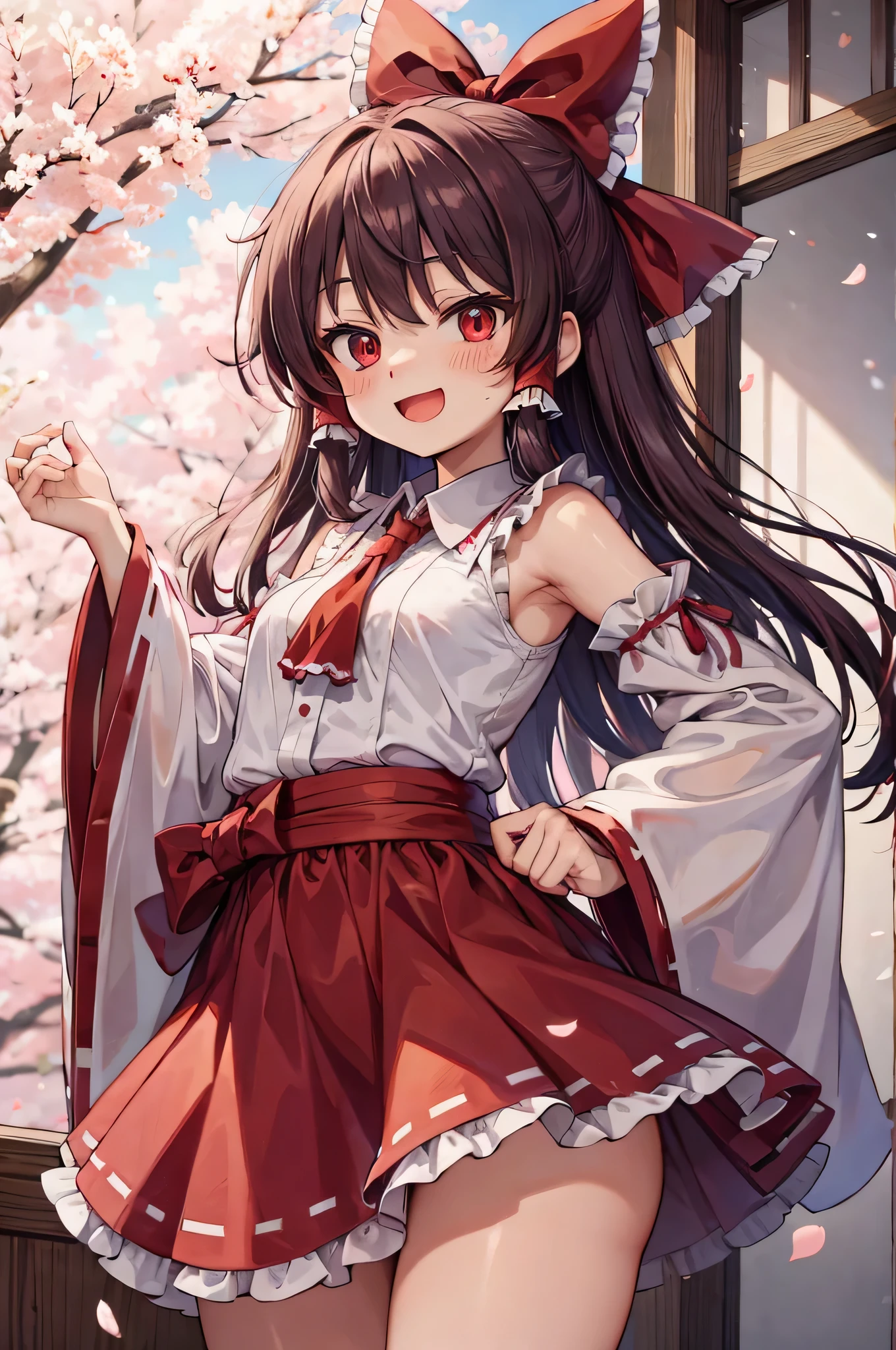 reimu hakurei　cheeks are red　Natural Laughing Face　Show from head to thigh　cute face　small breasts　small butt　good style　Normal attire　Near the cherry blossoms　Cherry blossom petals are dancing　small 