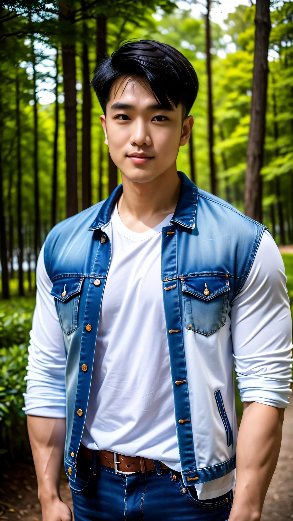 Masterpiece, best quality, High quality, วอลล์เปเปอร์ CG unity 8k ที่มีvery detailed, depth of field, HDR,,Realistic picture,very detailed, 1 man smiling, Indian, black short hair, (Wear a white t-shirt, Short sleeve blue denim jacket), chest muscles, Big arm muscles, blood vessel, big muscles, Broad shoulders, looking so handsome, Balancing the eyes, professional photography, advertising shoot, face looking at camera, Portrait from the side, realistic, with the sunset atmosphere, Walking into the dark forest with a camera