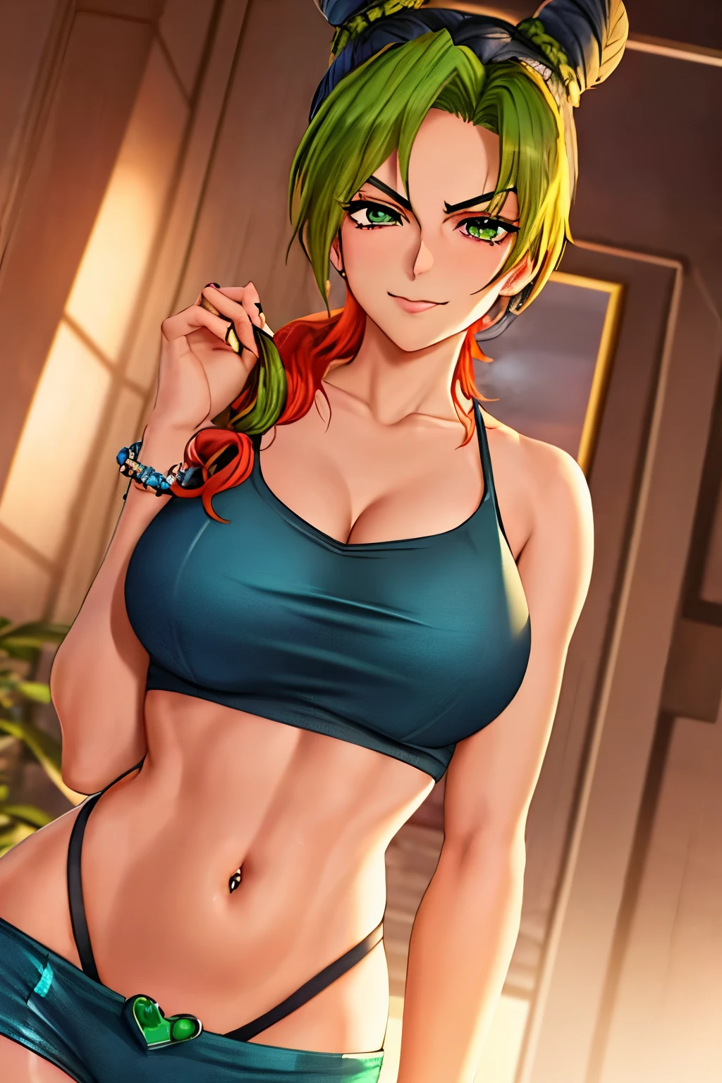 Jolyne Kujo, stands confidently, her fiery red hair styled in tight curls, framing her gentle yet determined face. Her emerald green eyes shine brightly, a small smirk playing at the corners of her lips. She wears a simple white tank top, revealing the delicate straps of her red bracelet, a symbol of her inherited Stand ability. Her short, toned arms are crossed over her chest, showcasing her perfectly proportioned body and her strong, capable hands. In the background, a dimly lit room is barely visible, with shadows dancing on the walls. This captivating portrait of Jolyne Kujo, the protagonist of JoJo's Bizarre Adventure: