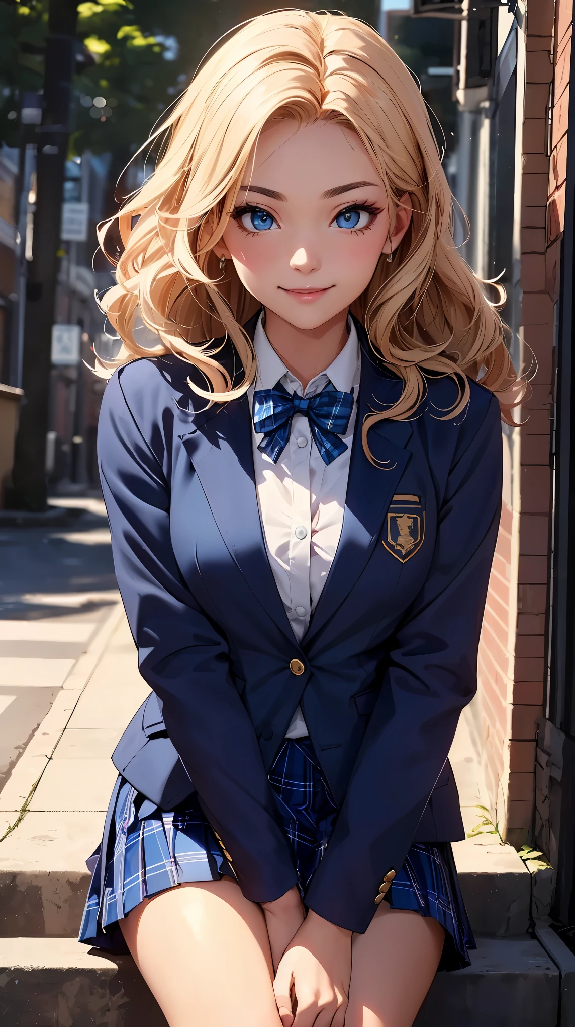 concept:A portrait of a beautiful woman。 quality:(最高quality, 4k, High resolution, masterpiece:1.2), Super detailed, (real, photorealistic:1.37), illumination:cinematic light, Bright colors and mesmerizing effects, 柔らかく繊細なillumination, gentle shine, Lens flare, Subject information:alone, ((young woman)), (narrow eyes), (small face), (high detail skin:1.2), long eyelashes, glossy lips, (blonde, long wavy hair, blue eyes), slim body shape:1.4, Highly detailed face and skin texture, (Happy smile:1.2), facing the front:1.2, photo shootのためポーズをとる, (((high school uniform:1.2, dark blue jacket, open jacket, white shirt, deep blue plaid skirt, seductive thighs))), Other details:after school:1.5, sit on the stairs:1.2, beautiful skin, shiny skin, perfect fingers, five fingers, anatomically correct, background bokeh, Lens flare, 500㎜, f/4, photo shoot,