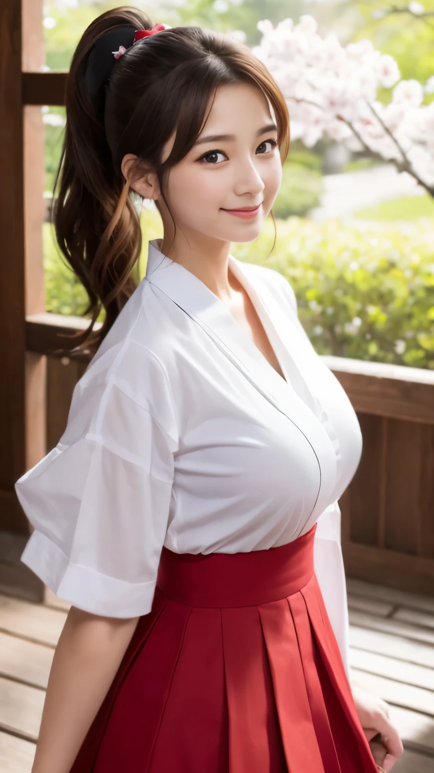  highest quality、disorganized、((Portrait of the cutest girl in the world))、Japanese、 girl、shrine、A slightly windy day with cherry blossom petals dancing、kimono、plain white kimono、red skirt、shrine maiden服、shrine maiden、nice and cute、innocent smile、nice smile、big breasts、(はちきれそうなbig breasts:1.3)、(high ponytail:1.4)、tie your hair with a thin red ribbon、brown hair、thin waist、detailed beautiful eyeedium hair、face forward、Upper body、