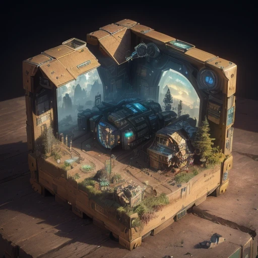3598年Mars realistic model, (split ends, original photo, best quality, masterpiece:1.4),Steampunk Cyberpunk 6820 City,(CyberpunkMars light:1.3), Mars (related to land),(in a small nature box:1.3),Isometric, small nature, landscape on foundation,landscape,