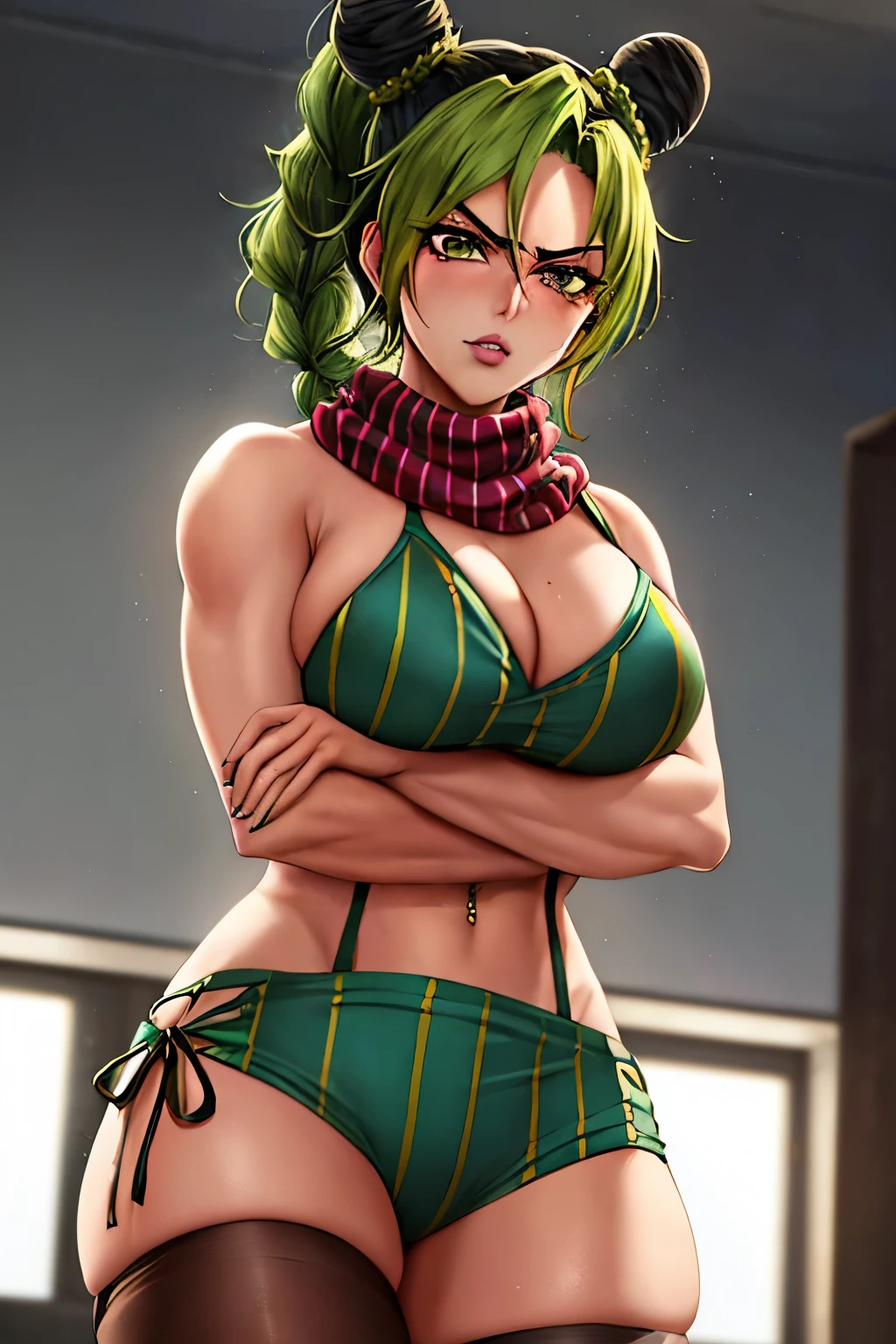 Jolyne Kujo, bold and determined, with short curly hair and piercing green eyes that sparkle with determination. She wears a striped prison uniform, showcasing her toned arms and lean physique. Her expression is focused, lips pursed in concentration as she gazes intently at the viewer. A red scarf is tied around her neck, adding a pop of color to her outfit. The background is blurred, drawing all attention to her intense gaze. The scene is set indoors, against a dimly lit room, reflecting the gritty and intense atmosphere of her journey. Her hands are clenched tightly, ready for action, showcasing her perfect anatomy and the