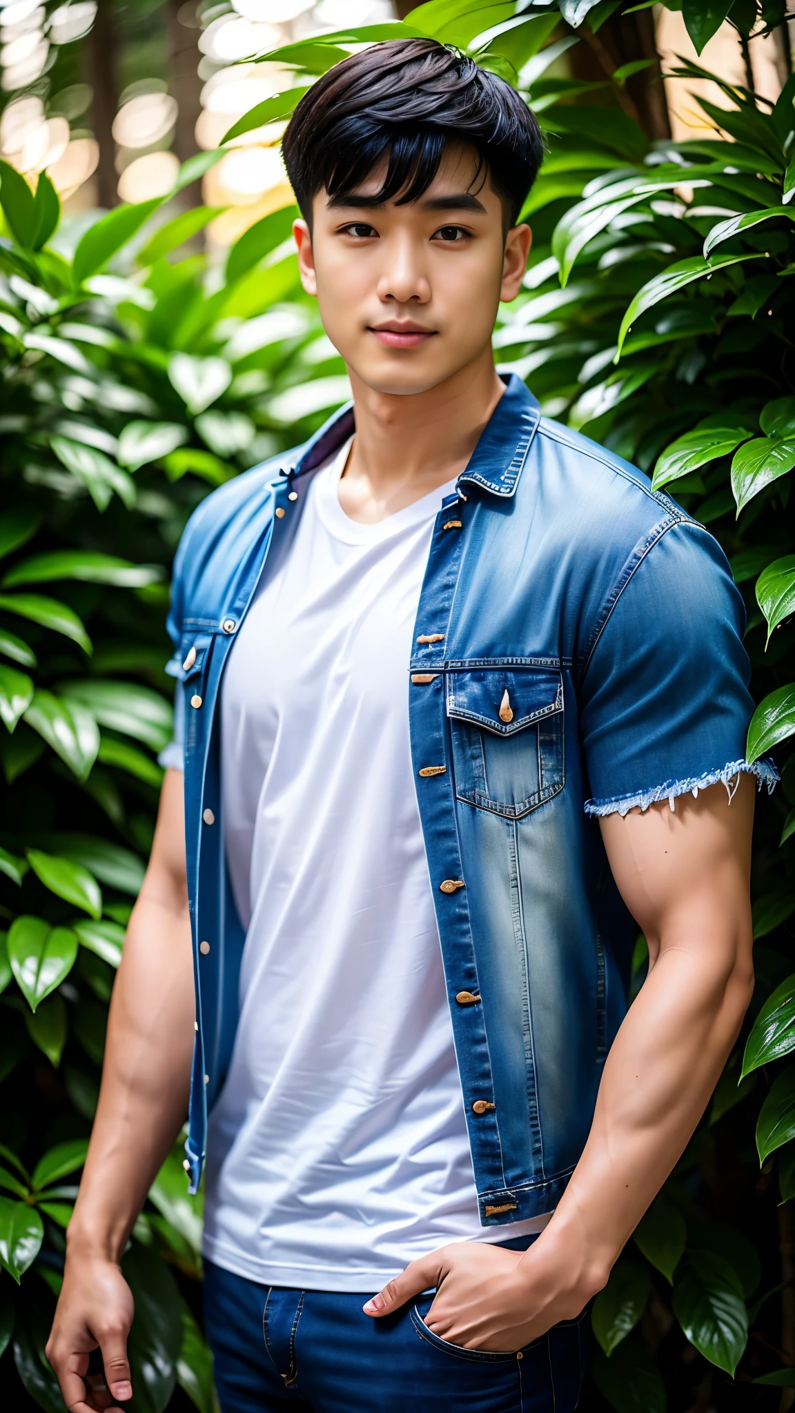 Masterpiece, best quality, High quality, วอลล์เปเปอร์ CG unity 8k ที่มีvery detailed, depth of field, HDR,,ภาพrealistic,very detailed, 1 man smiling, Asia, black short hair, (Wear a white t-shirt, Short sleeve blue denim jacket), chest muscles, Big arm muscles, blood vessel, big muscles, Broad shoulders, looking at the audience, Balancing the eyes, professional photography, advertising shoot, face looking at camera, Portrait from the side, realistic, with the sunset atmosphere, Walking into the dark forest with a camera