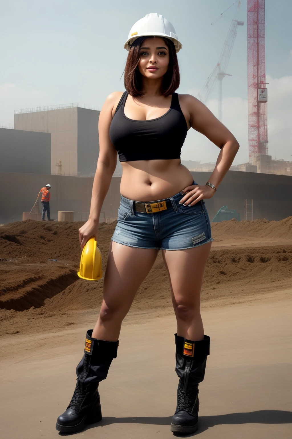 Aishwarya rai as construction worker, black shorts, high boots, tank top, posing in construction site, day scene, navel out, mature hourglass figure, massive cleavage, look at camera and laugh, ((bob cut hair)), sexy 50 yo MILF, soft volumetric lights, intricate details, (ArtStation:1.2)