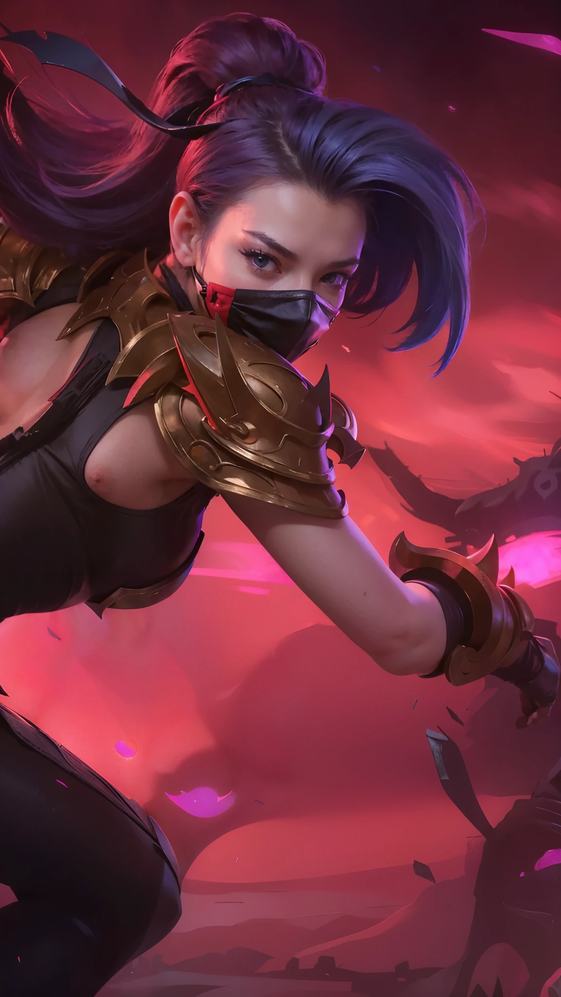 (female:1.2), 8k, ultra hd, ultra detailed texture, hyper realistic, masterpiece, detailed texture, detailed face, detailed skin, detailed lighting, (photorealistic:1.5), best quality, beautiful lighting, cinematic lighting, professional lighting, ultra highres, realistic, detailed hair, real hair, high quality, (realskin:1.5), extremely detailed, finely detail, ultra-detailed, 1girl, solo, elf, pointy ears, standing, demon horns, forehead protector, blue eyes, v-shapped eyebrow, make up, pretty, beautiful, long hair, blue hair, high ponytail, large breasts, cleavage, armpit, navel, stomach, black armor, pauldrons, bare shoulders, shoulder armor, thigh high, sleevless, detached sleeves, breastplate, gauntlets, hanabi \(mobile legends\), depth of field, white skin, skin tight, amazing pose, outdoors, glowing, dark view, looking at viewer (wearing a mask:1.2)