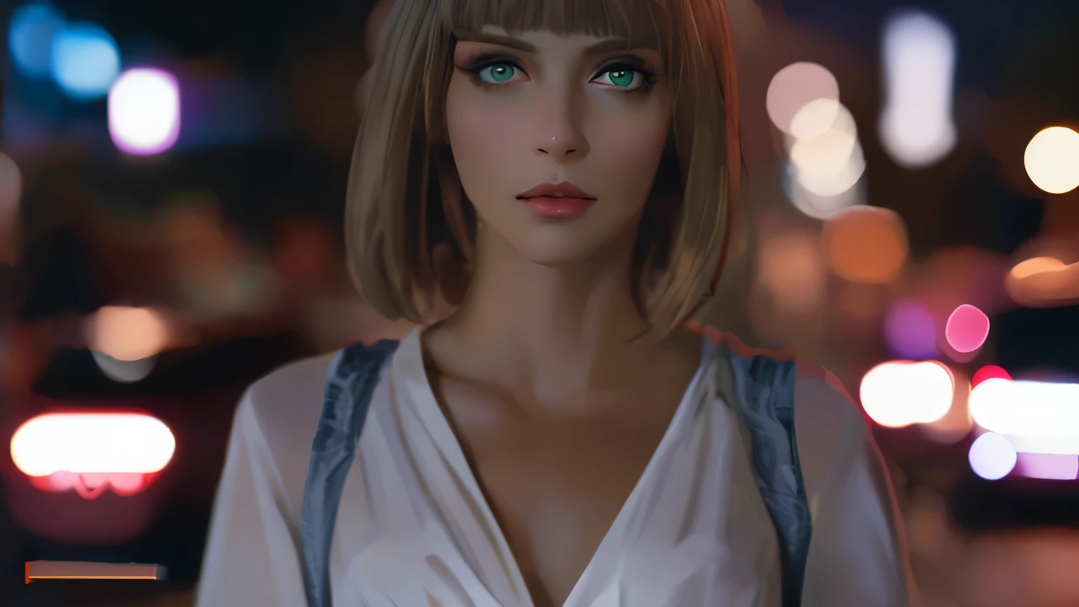Paulina Andreeva with short light brown hair, light green eyes, elegant and perfect lips, looking at the viewer, in a casual blouse