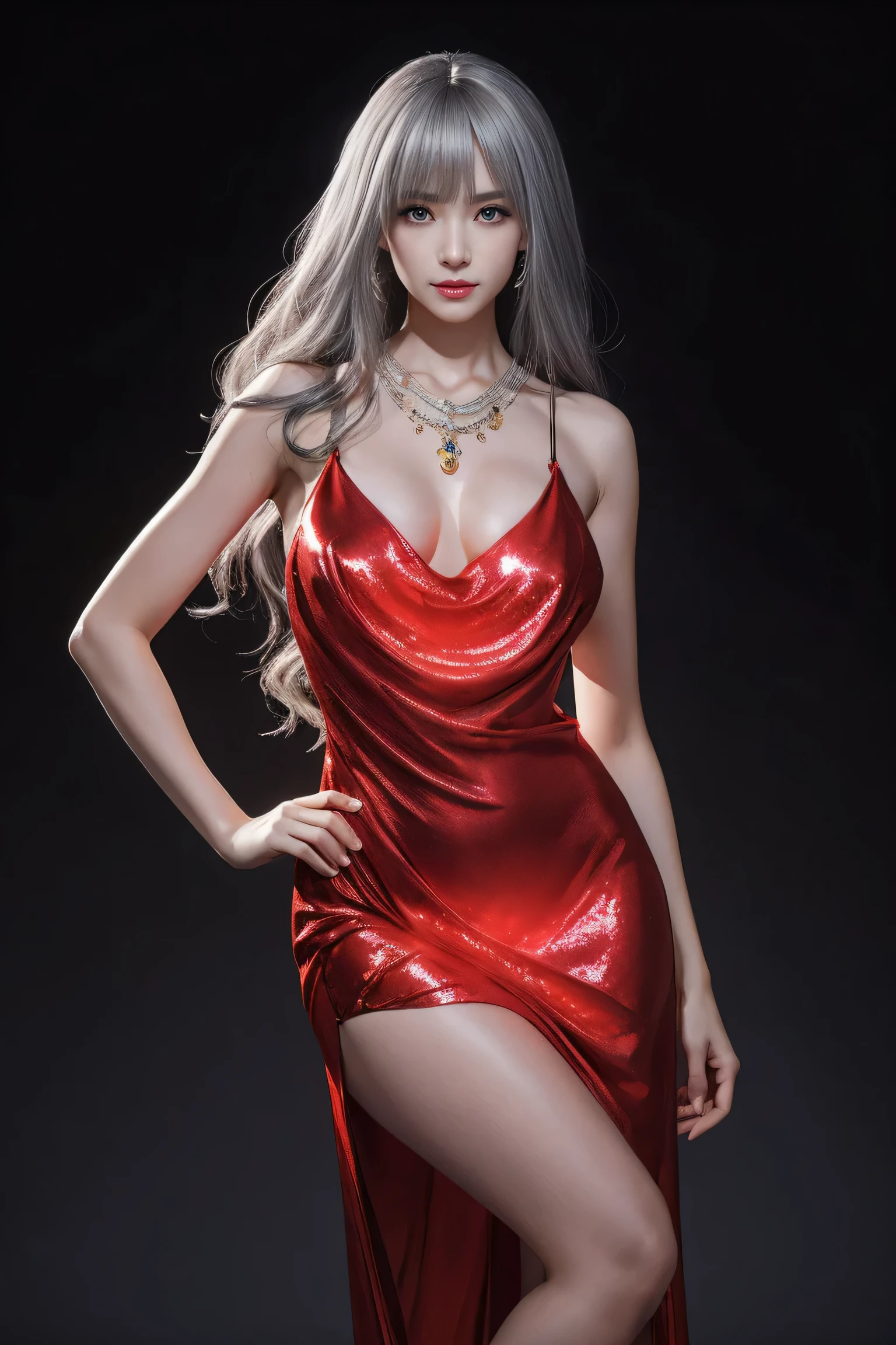 best work，Super high quality work，4k:2.0，ultra high definition，8K high-definition CG production，High quality graphics，3D high-definition CG photos，Ultra high pixels，Super exquisite：1.1，technical details：1.1，室内灯Light effect果：1.1，Natural dimming，Light effect，Ultra high resolution large files，fashion clothing photos，Exquisite and sexy woman，A mature and sexy woman，Royal sister temperament，Characteristics of European and American women，mixed race beauty，Temperamental type goddess，silver hair，She has long white and silver hair，clear hair，Careful hair texture（Premium hair details：1.1）Beautiful and delicate eyebrows and eyelashes，big eyes，light red eyes，sexy red lips，perfect lip shape，clear skin texture，hydrated skin（Advanced facial details：1.1）The face of a perfect goddess，perfect body shape，top supermodel，devilish figure，Hips raised，man&#39;s waist is very thin，long legs，（Advanced skin details：1.1），Smooth，Wear evening gown，bright red dress, ((glow dress:1.5))Sequin blood red evening dress，dress dress，black stockings，silk scarf，lace dress（Premium lace details：1.1）bright red，very bright blood red，High heel，livestock，Wear jewelry，ear nipple ring，necklace，bracelet，Eat dinner，full-body shot，Costume Art Photos，high quality work