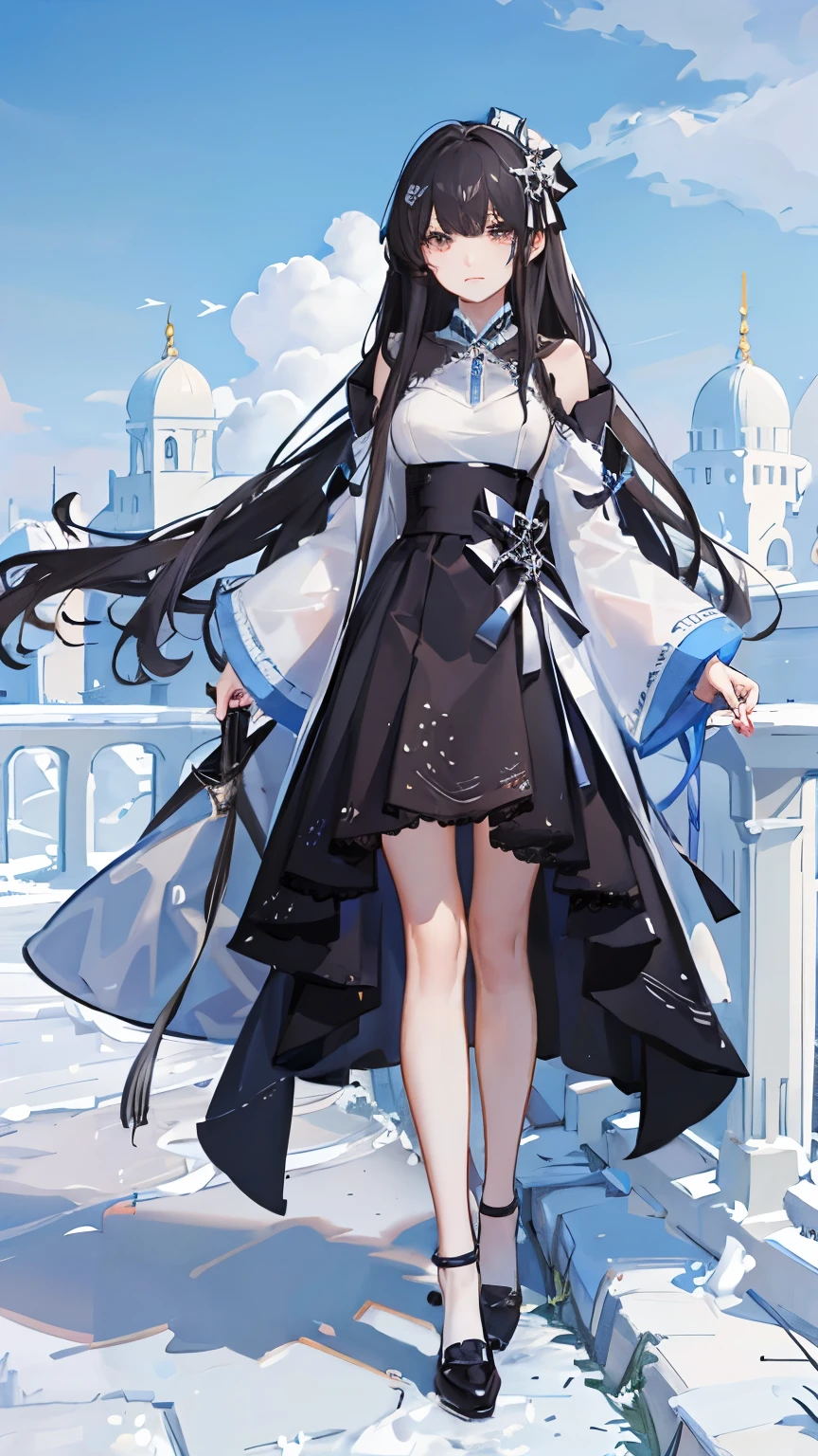 wearing a skirt,Royal sister。black(focus),standing。Tall。Wear cloth shoes。White skin,The face of an angel