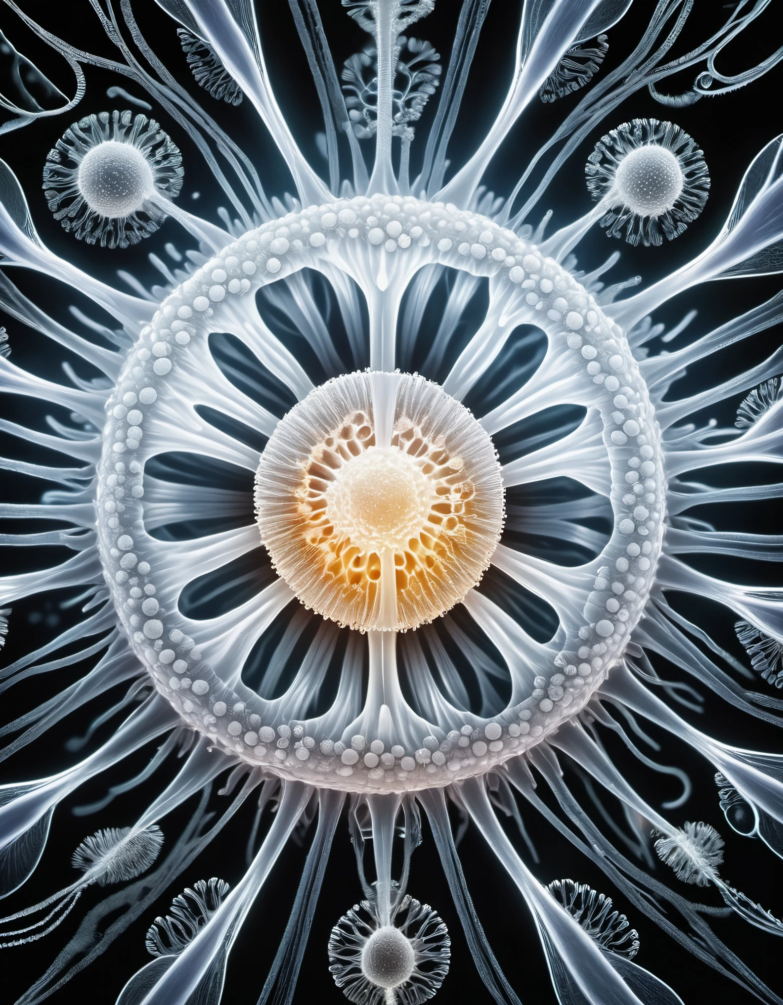 in style of Ernst Haeckel，Macro，Close-up of a glowing symmetrical active white blood cell under a microscope