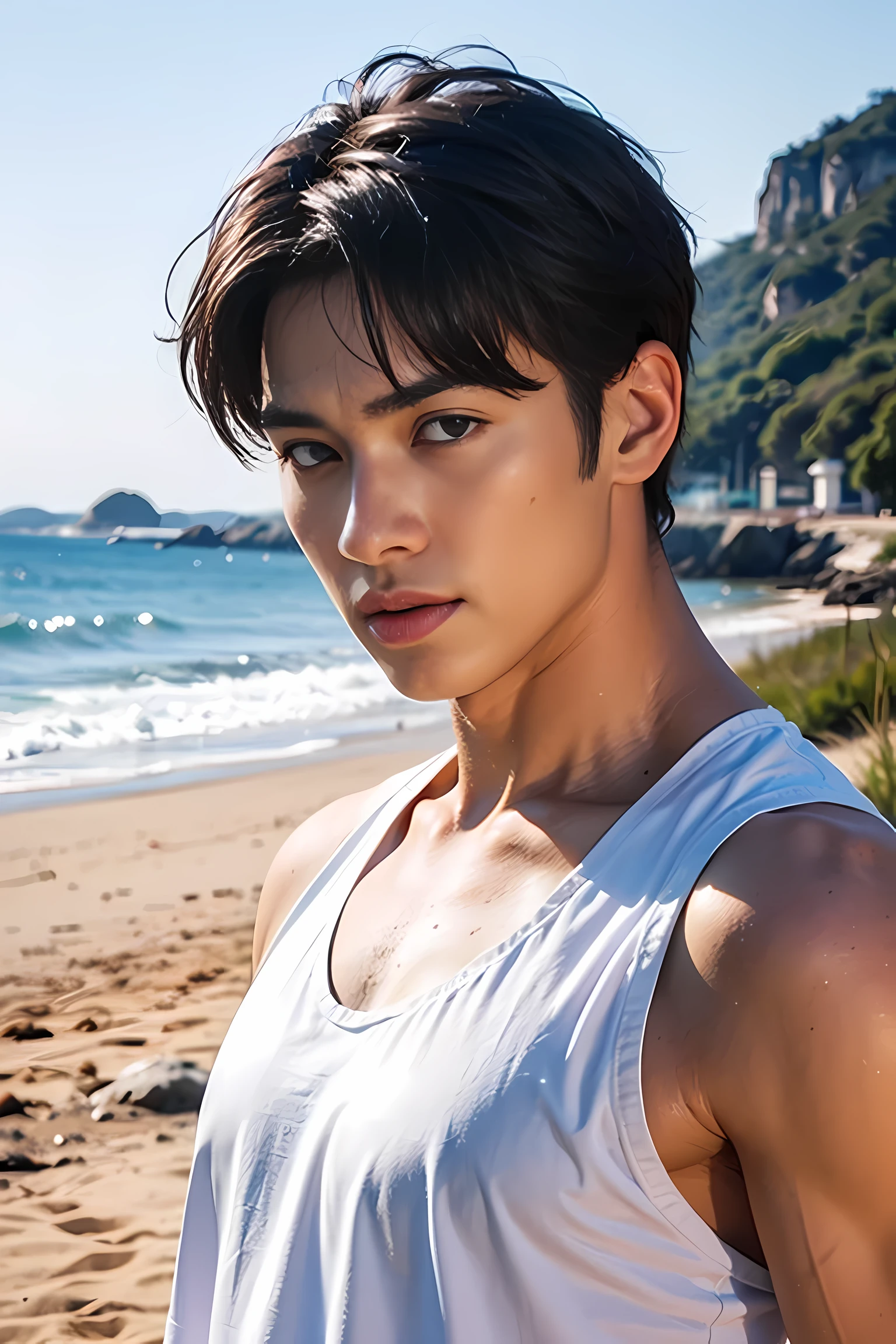 Realistic photography, 8k ,Handsome man with short hair , beach
