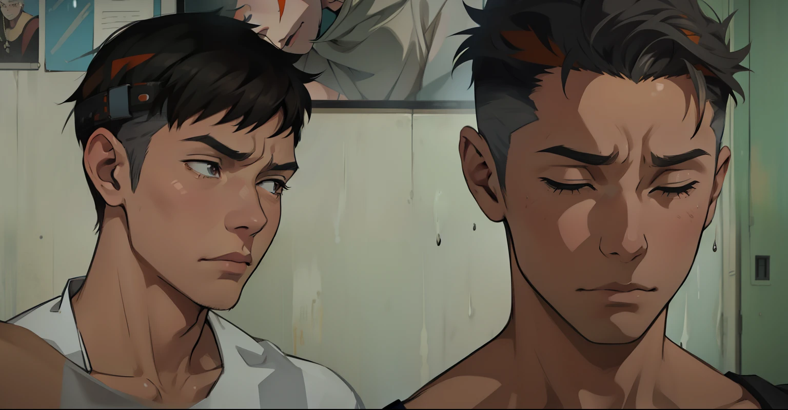 There are two beautiful 16 year old boys, one behind the other, gray hair and orange hair, they are sad, in pain.