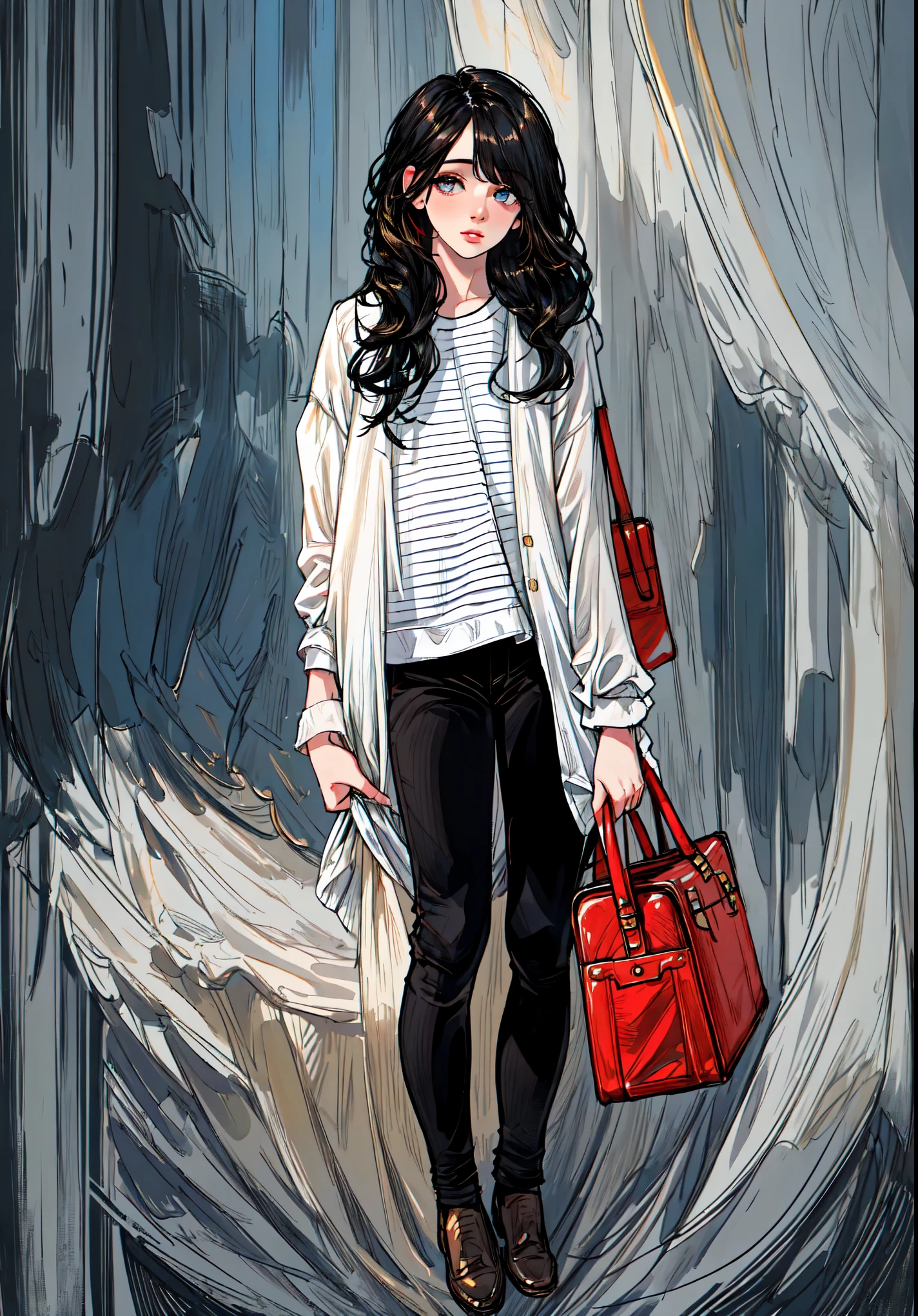 (best quality,4k,8k,highres,masterpiece:1.2),ultra-detailed,(realistic,photorealistic,photo-realistic:1.37),beautiful,detailed eyes,detailed lips,extremely detailed eyes and face,long eyelashe,1woman,[striped shirt],black pants,red bag,medium:oil painting,portrait,studio lighting,vivid colors,contrast lighting,golden hour lighting,blurred background,soft sunlight,delicate brushstrokes,subtle shadows,waist-length hair,casual stance