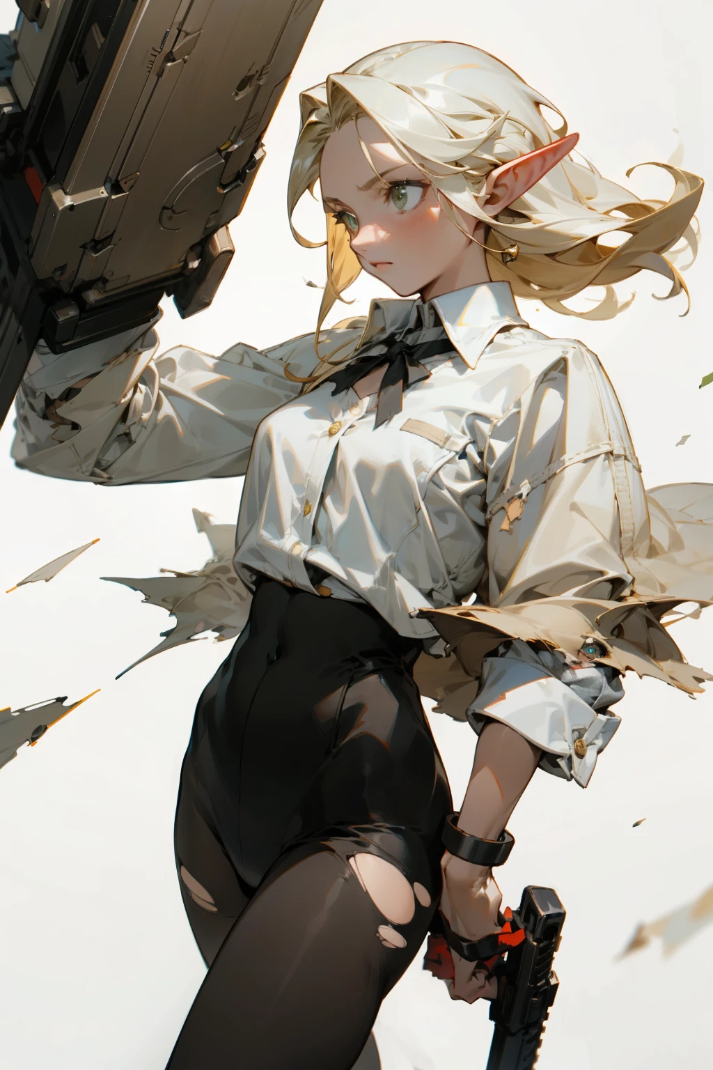 (masterpiece, best quality) detailed, Wearing black tights, silver accessories , blonde ,elegant, pointed ears ，white shirt，torn clothes,firearms