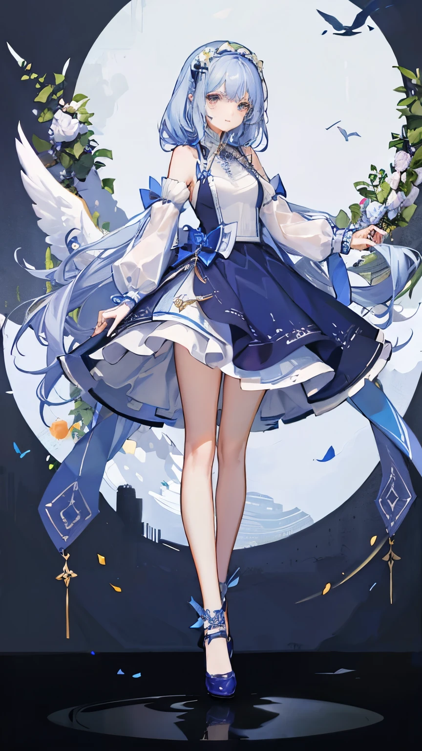 wearing a skirt,Royal sister,standing。Tall。Wear cloth shoes。White skin,The face of an angel,Wear a wreath on your head