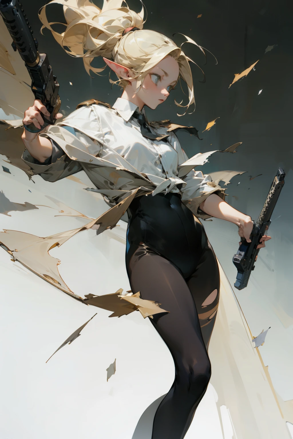 (masterpiece, best quality) detailed, Wearing black tights, silver accessories , blonde ,elegant, pointed ears ，white shirt，torn clothes,firearms