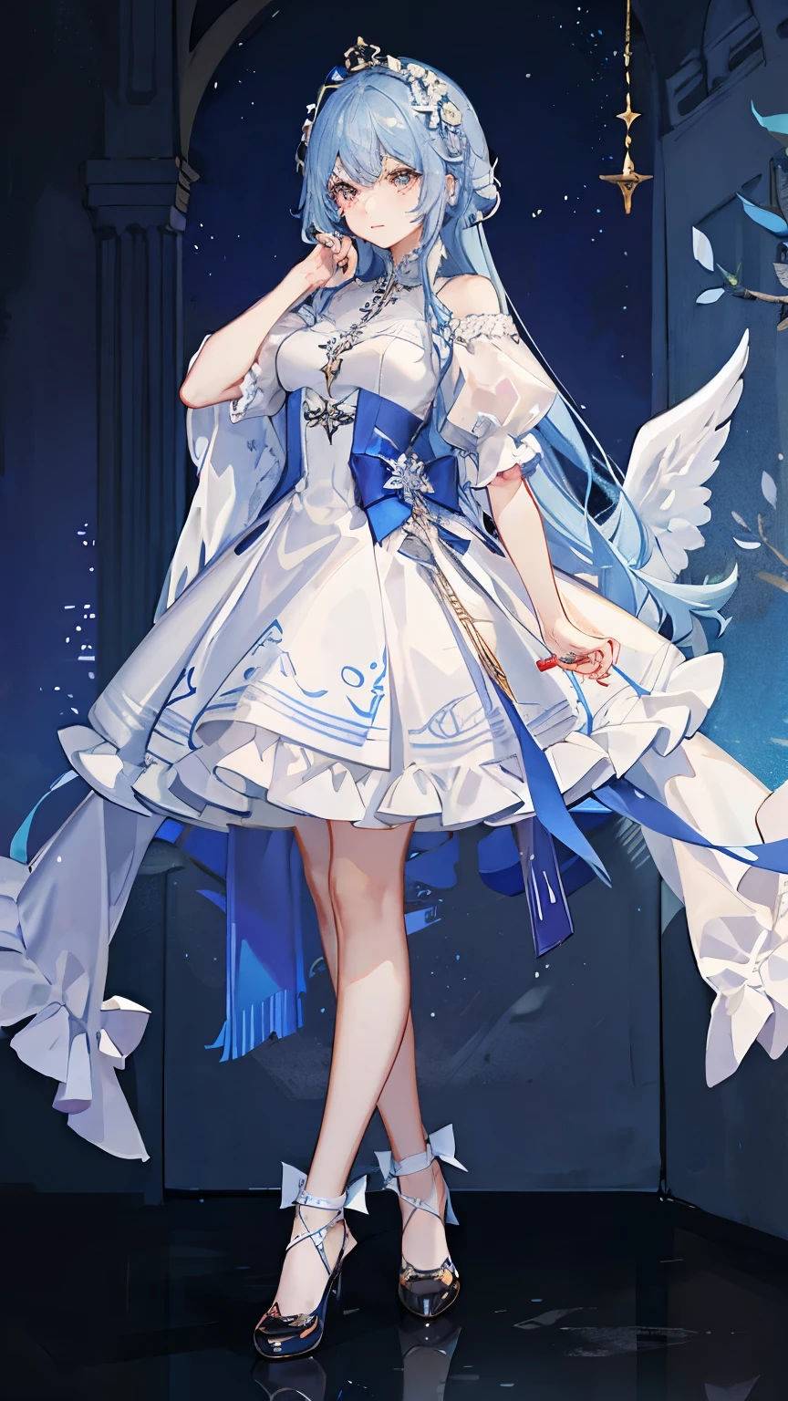 wearing a skirt,Royal sister,standing。Tall。Wear cloth shoes。White skin,The face of an angel,Wear a wreath on your head