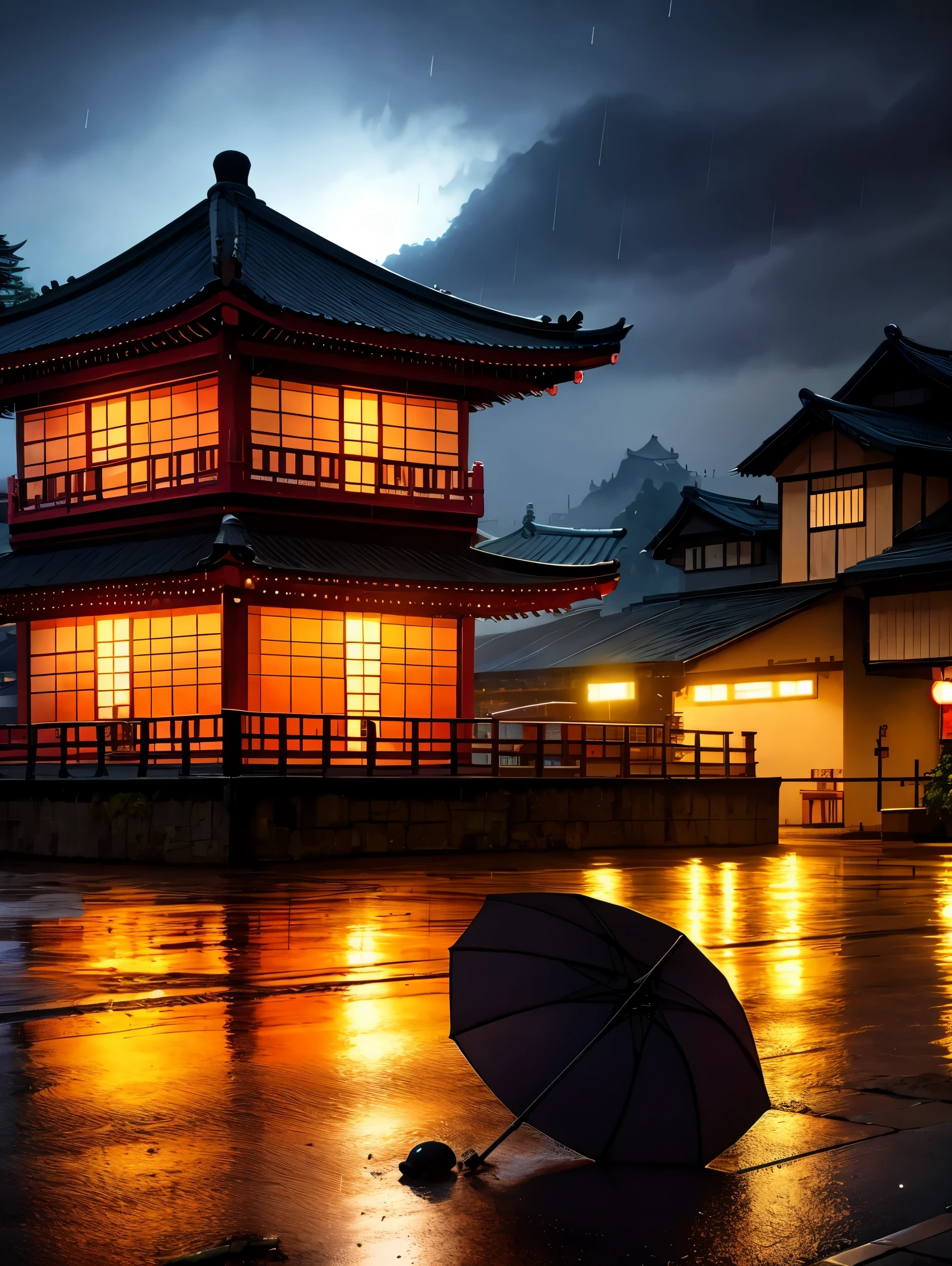 village view,There are a lot of lights on the building, Dream China Town, china village, amazing wallpapers, Japantown, japanese village, Surreal photos of a small town, old asian village, Japantown市, author:Raymond Han, rainy night, Cyberpunk ancient Chinese castle, Beautifully lit buildings, when it rains at night, Beautiful and beautiful, photography, ish, 8k, high detail ((downpour)))