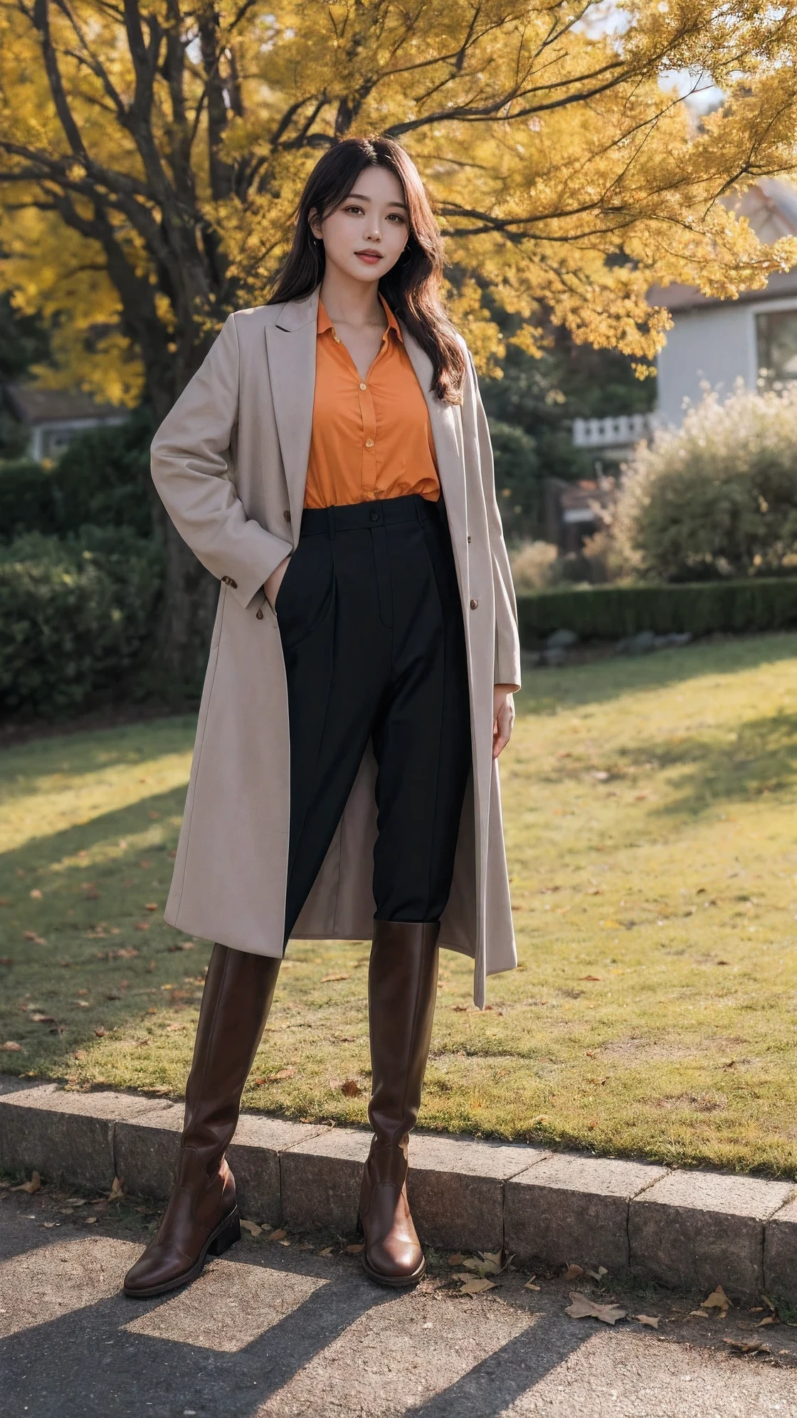 Sexy tall dark hair brunette, slightly wavy hair, 175cm tall, perfect body, in a stylish coat and boots that show off her curves, standing in a fall landscape, with leaves falling around her and a seductive gaze, raw photo, realistic UHD, 8k, realistic skin shadows, realistic skin texture, playboy photoshoot, viki odintcova