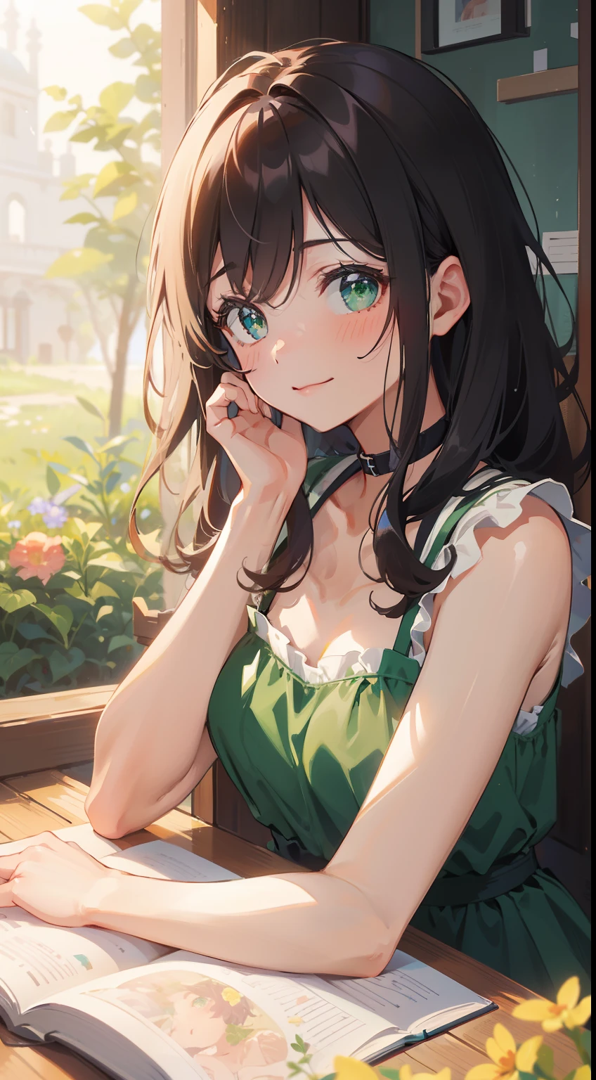 (masterpiece), (best quality), ultra high res, sharp focus, warm pastel tone, ((1 mature woman, solo)), upper body, medium long shot, MLS, beautiful detailed hair, chestnut brown hair, messy long hair, beautiful detailed face, ((beautiful shapes of eyes, green eyes)), perfect feminine face, happy face, smiles, look at the viewer,feminine light dress, in the beautiful morning, sitting on ground of the beautiful flowers meadow