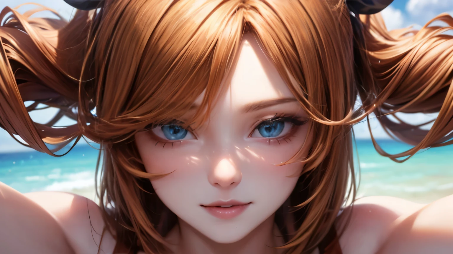 NSFW,from below,looking at the viewer,(highly detailed skin),white skasy art,best image quality,surrealist portrait,(8k),Super realistic,最high quality, high quality, High resolution, high quality texture,high detail,beautiful,Detailed,Very detailed CG,detailed texture,realistic expression of face,masterpiece,sense of presence,dynamic,bold),(soft hair),(straight hair:1.5),extra light coppery amber hair,short bob hair、cleavage、smile、beach